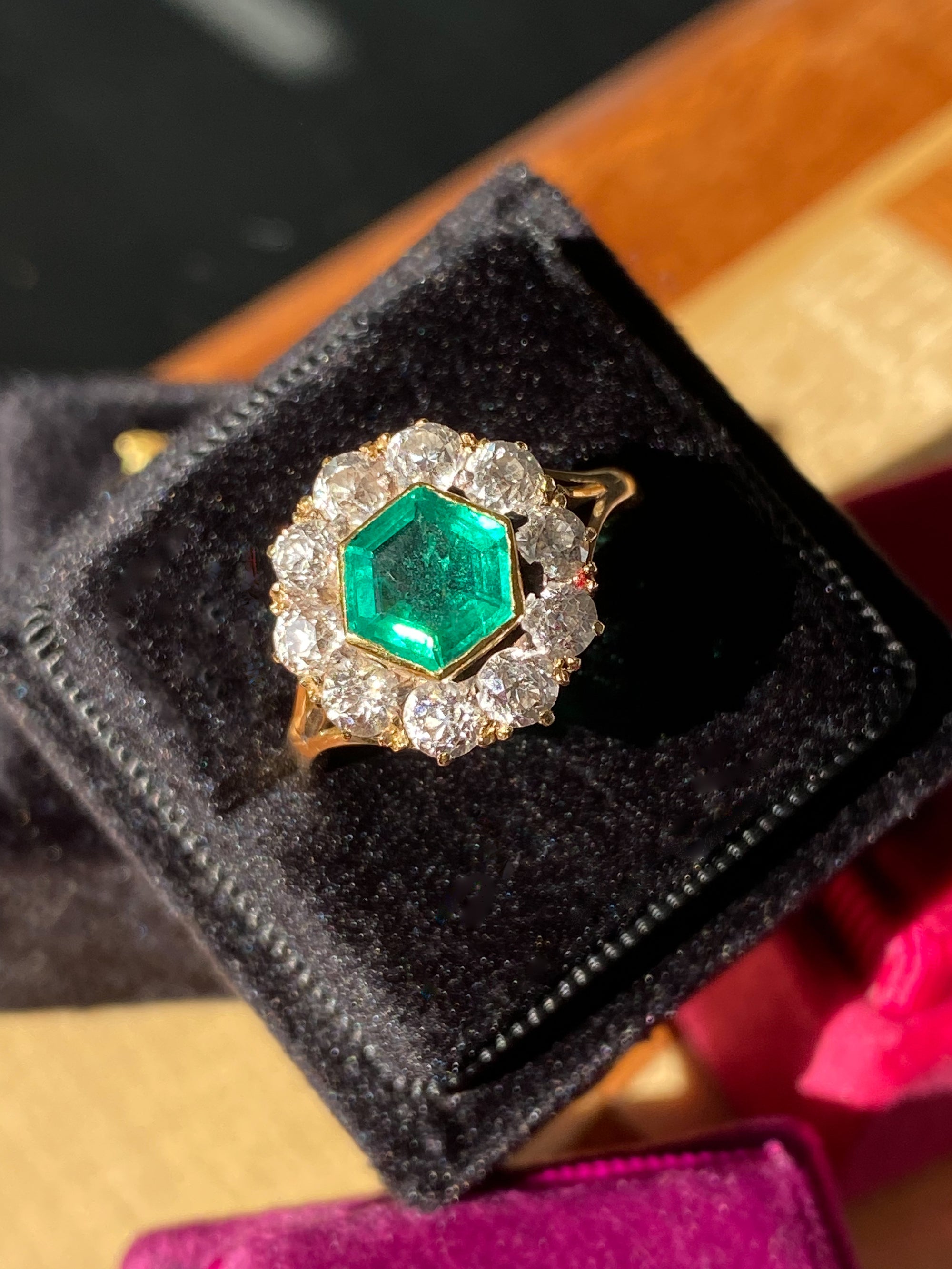 3.00 CTW Colombian Emerald and Old Cut Diamond Halo Ring in 18ct Yellow Gold