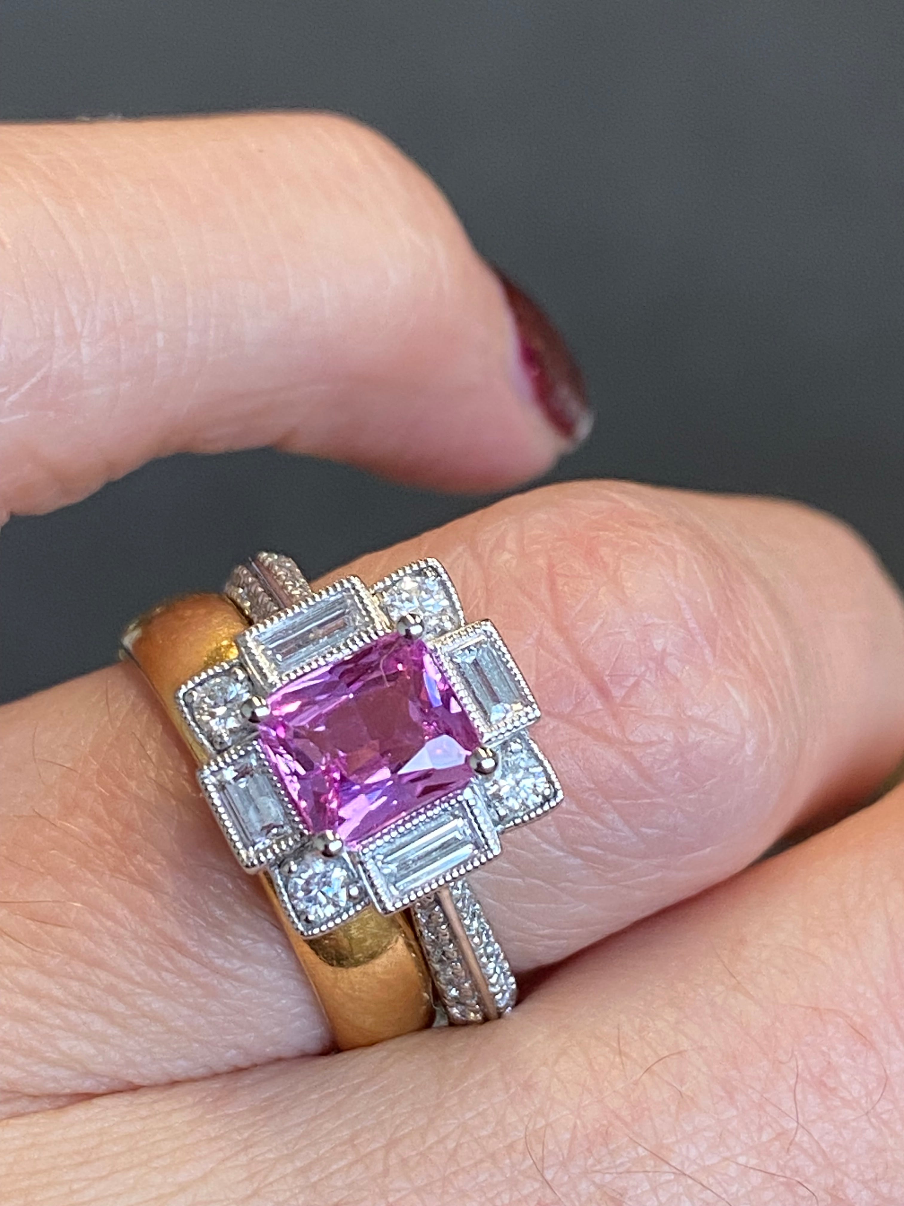 Candy Pink Sapphire Art Deco Style Ring in Platinum