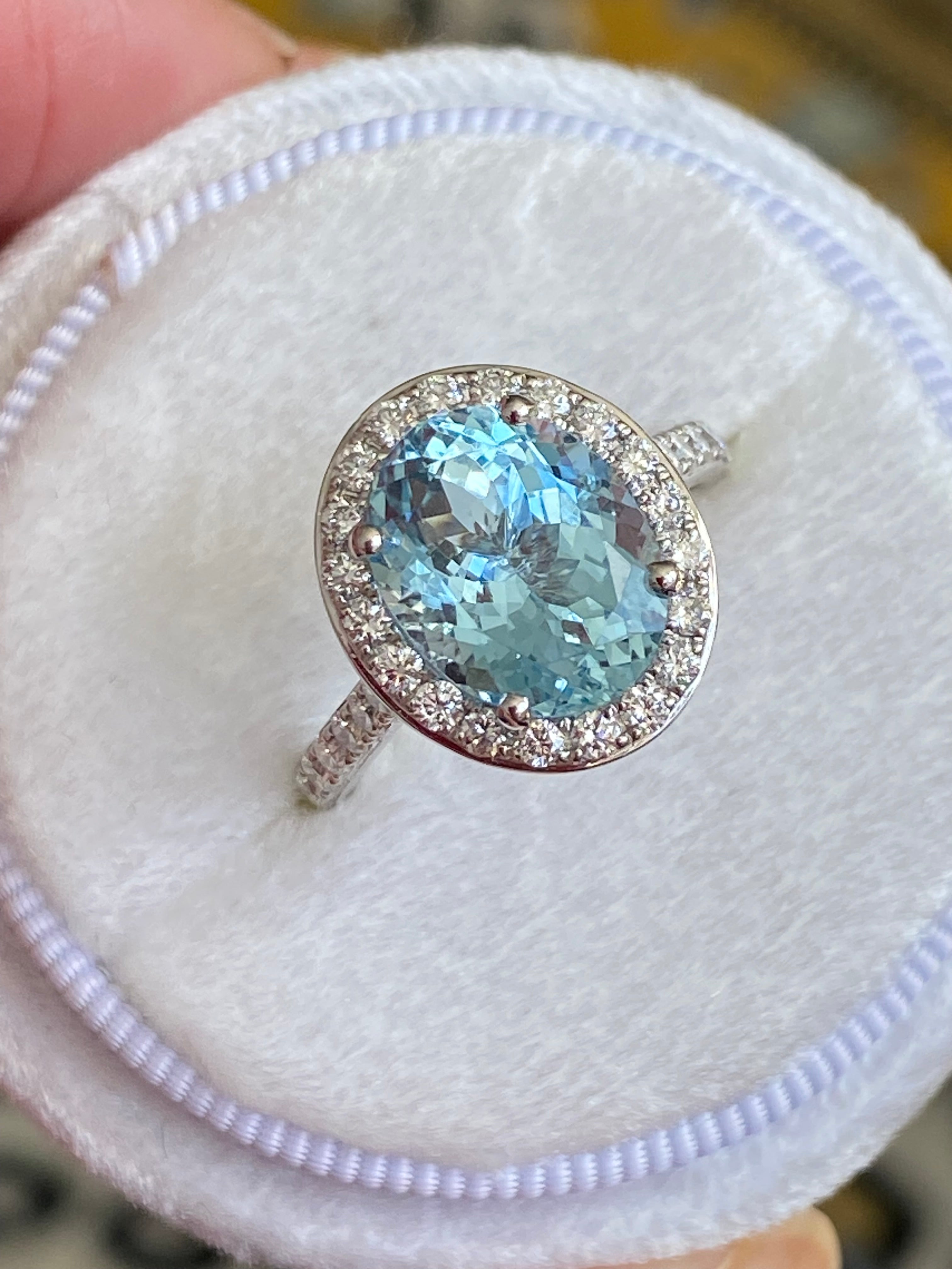 4.32 CTW Oval Cut Aquamarine and Natural Diamond Halo Engagement Ring in Platinum