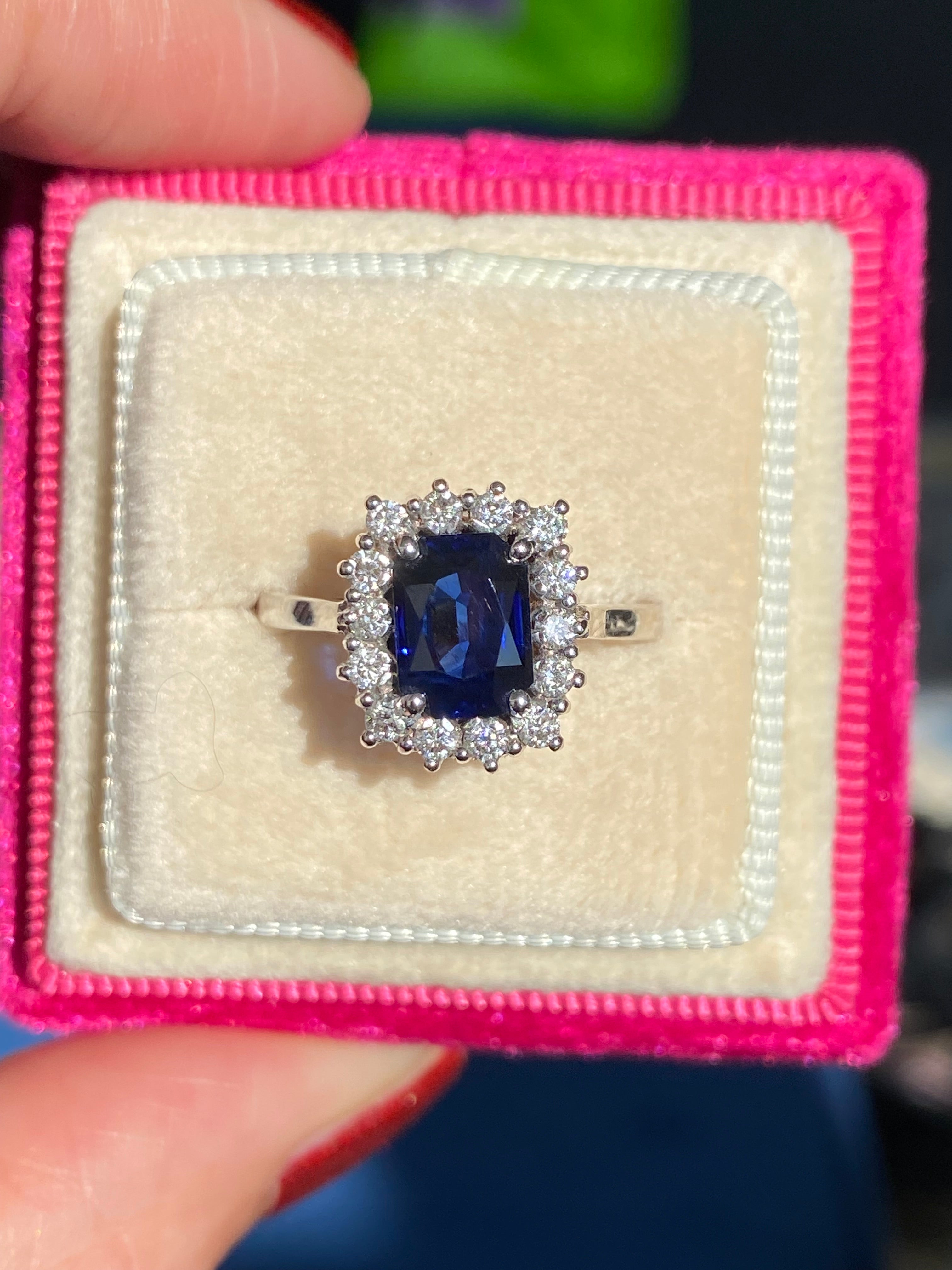 Vintage 2.05 Carat Sapphire and Natural Diamond Halo Ring in Platinum