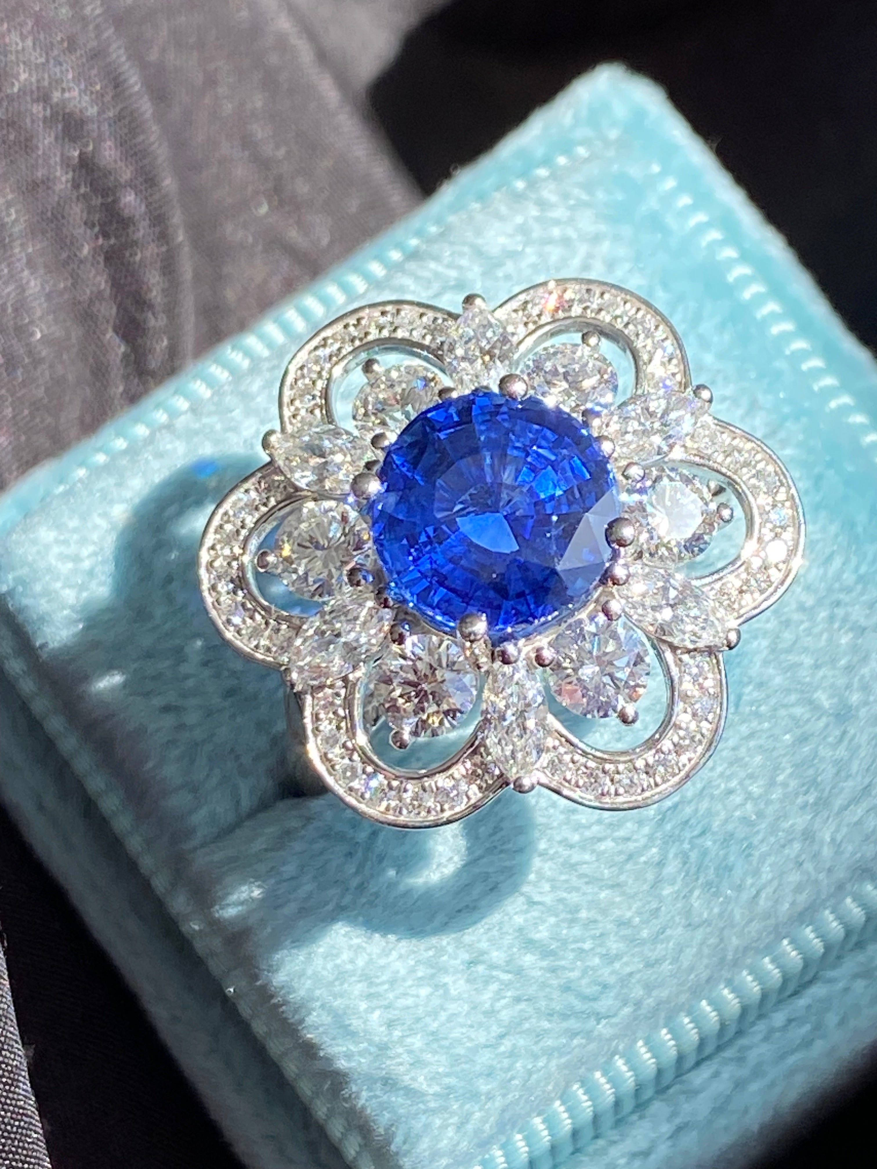 Masterpiece Showstopper 5.44 CTW Ceylon Sapphire and Natural Diamond Halo Cocktail Ring in Platinum
