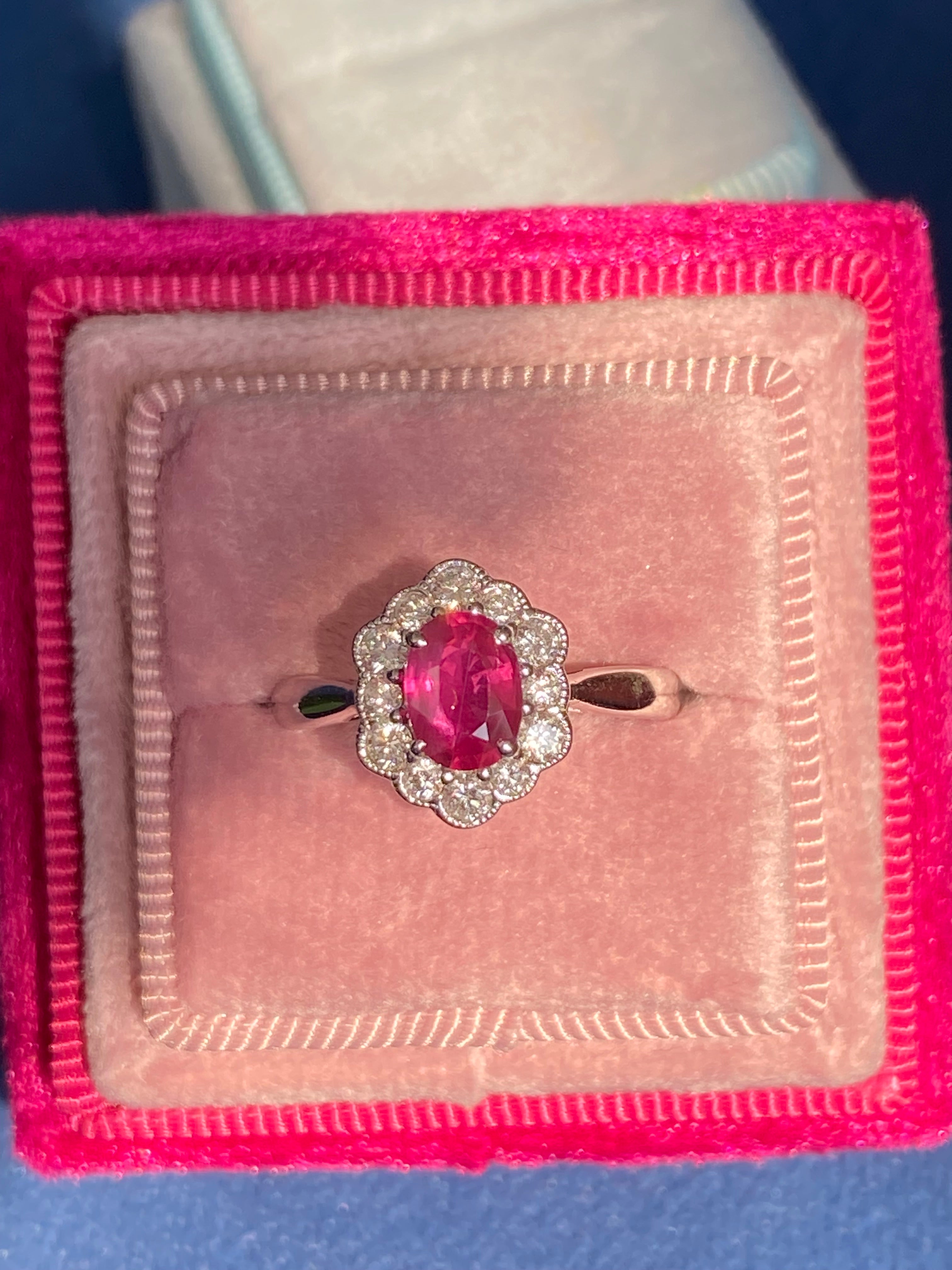 1.49 CTW Ruby and Natural Diamond Halo Ring in 18ct White Gold