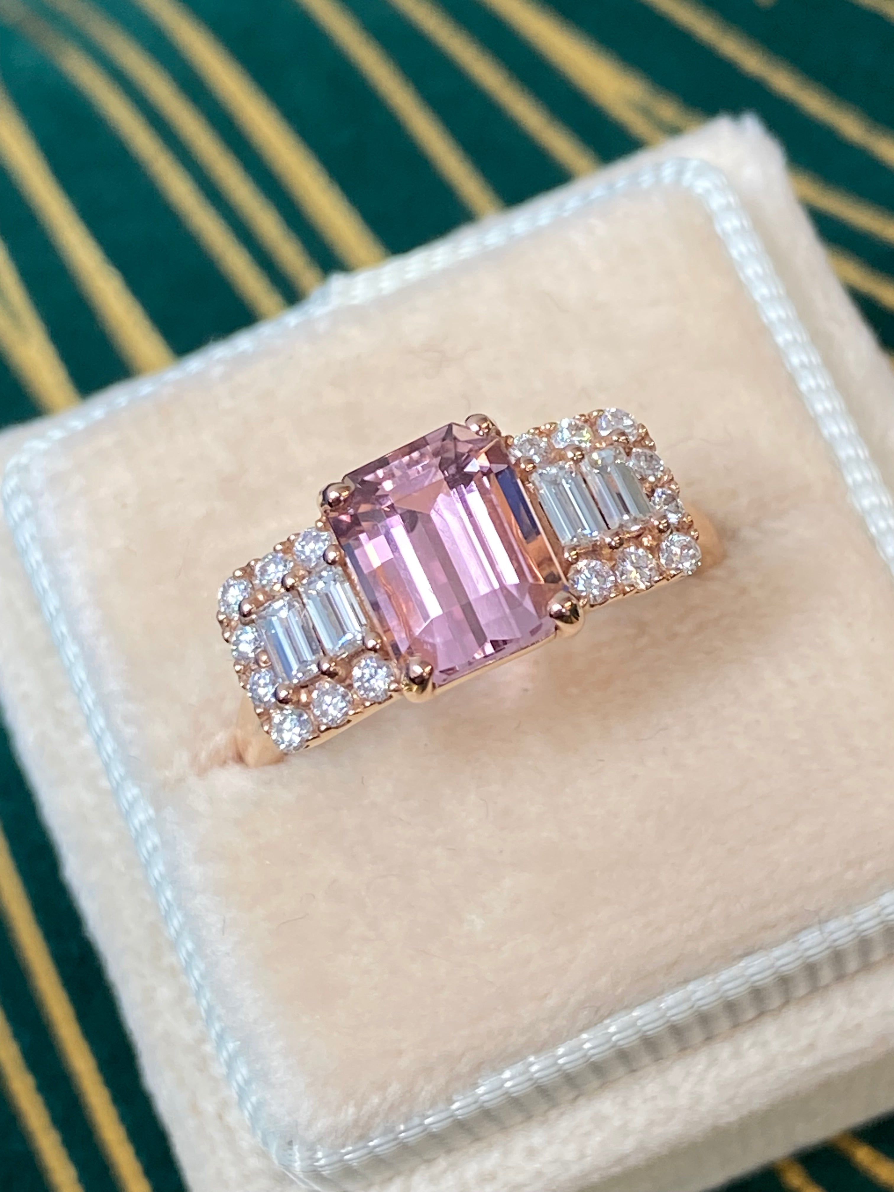 2.49 CTW Emerald Cut Morganite and Diamond Three Stone Style Engagement Ring in 18ct Rose Gold