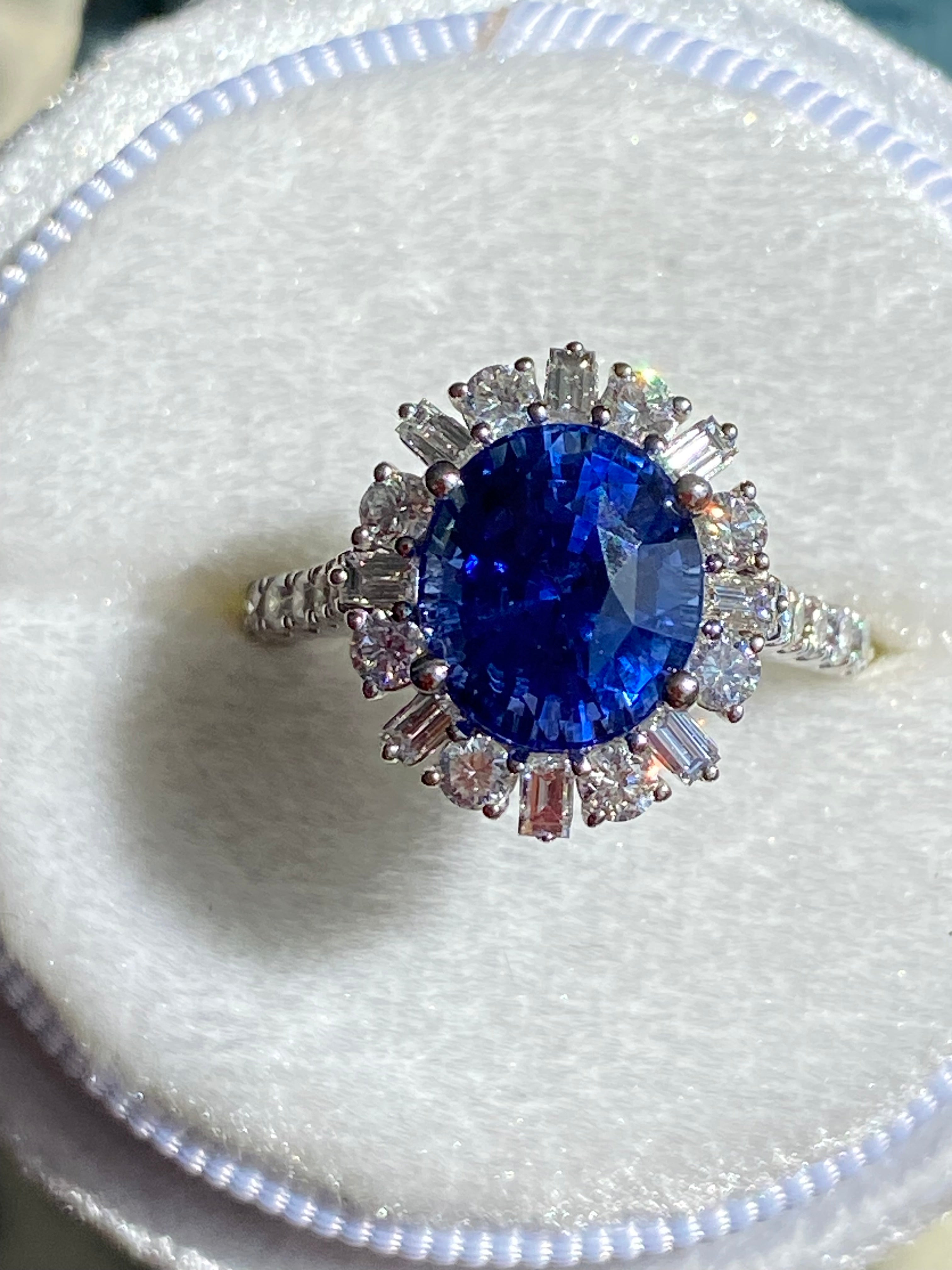 3.72 Carat Blue Ceylon Sapphire and 0.91ctw Natural Diamond Halo Ring in Platinum