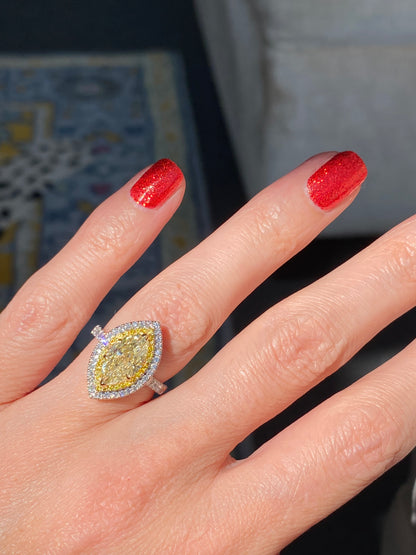 3.21 ctw Marquise Cut Natural Yellow Diamond Engagement Ring in Platinum and 18ct Yellow Gold