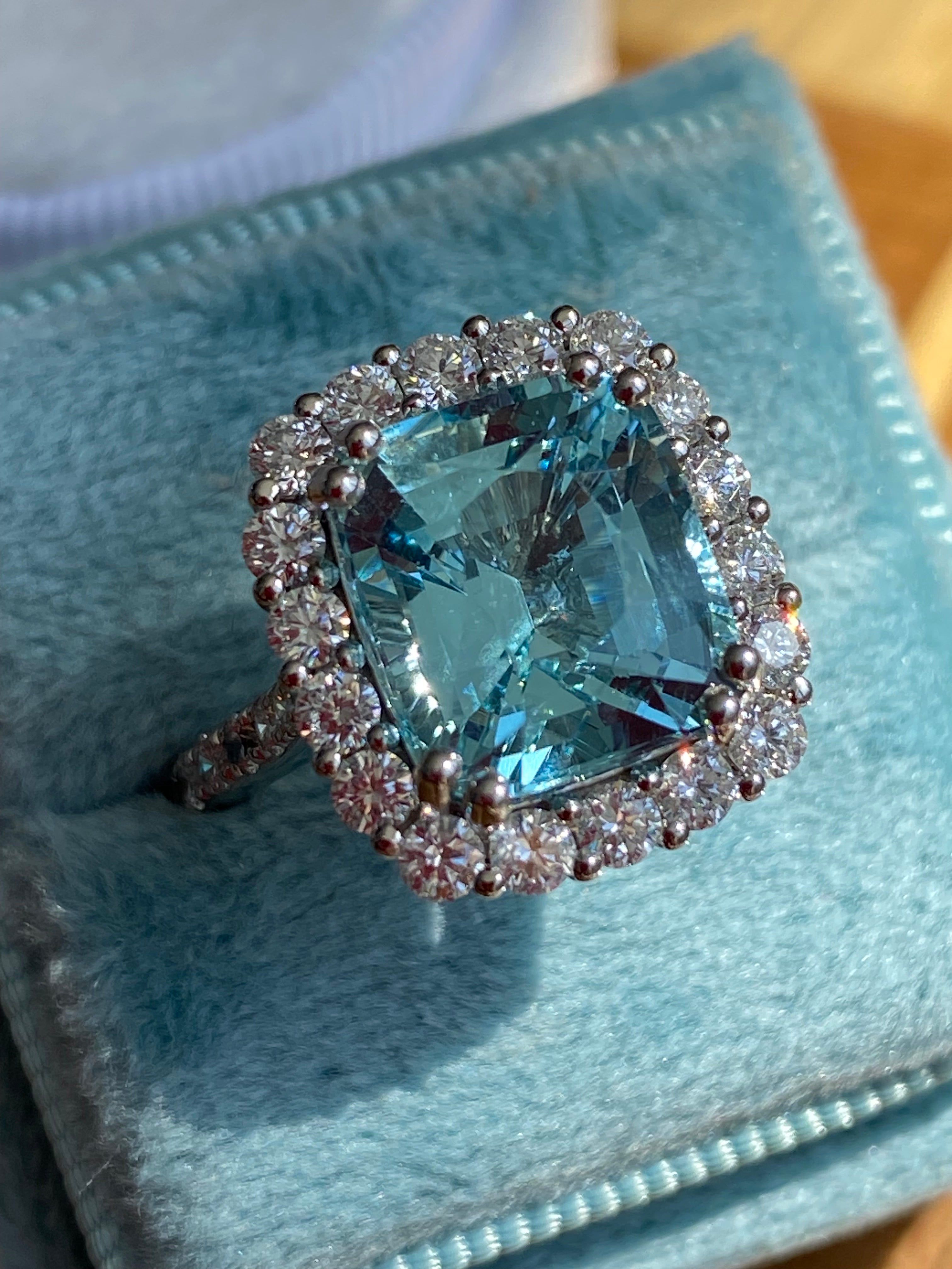 5.69 CTW Cushion Cut Aquamarine and Diamond Engagement Ring in Platinum