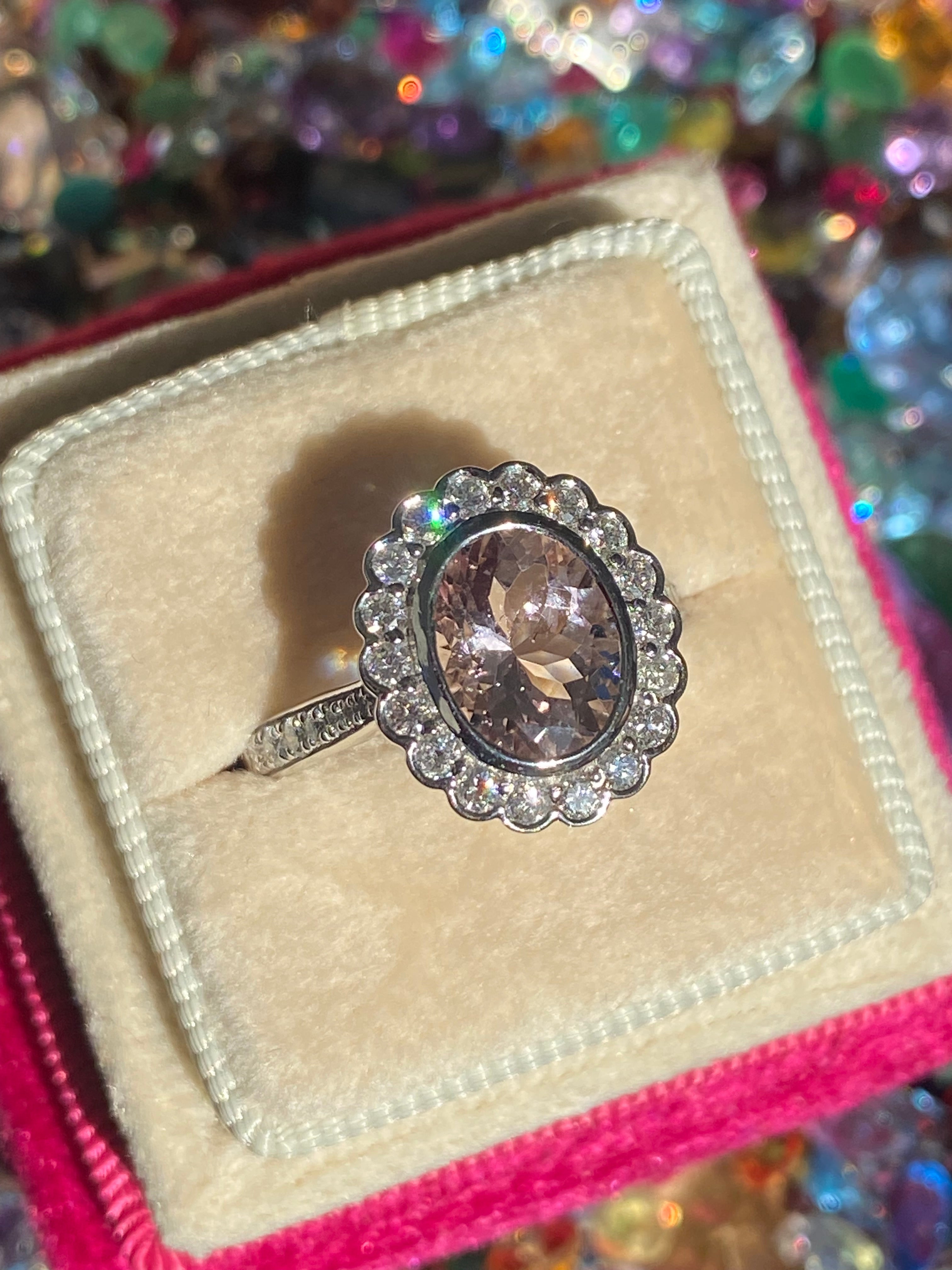 1.76 Carat Morganite and Natural Diamond Cluster Ring in Platinum