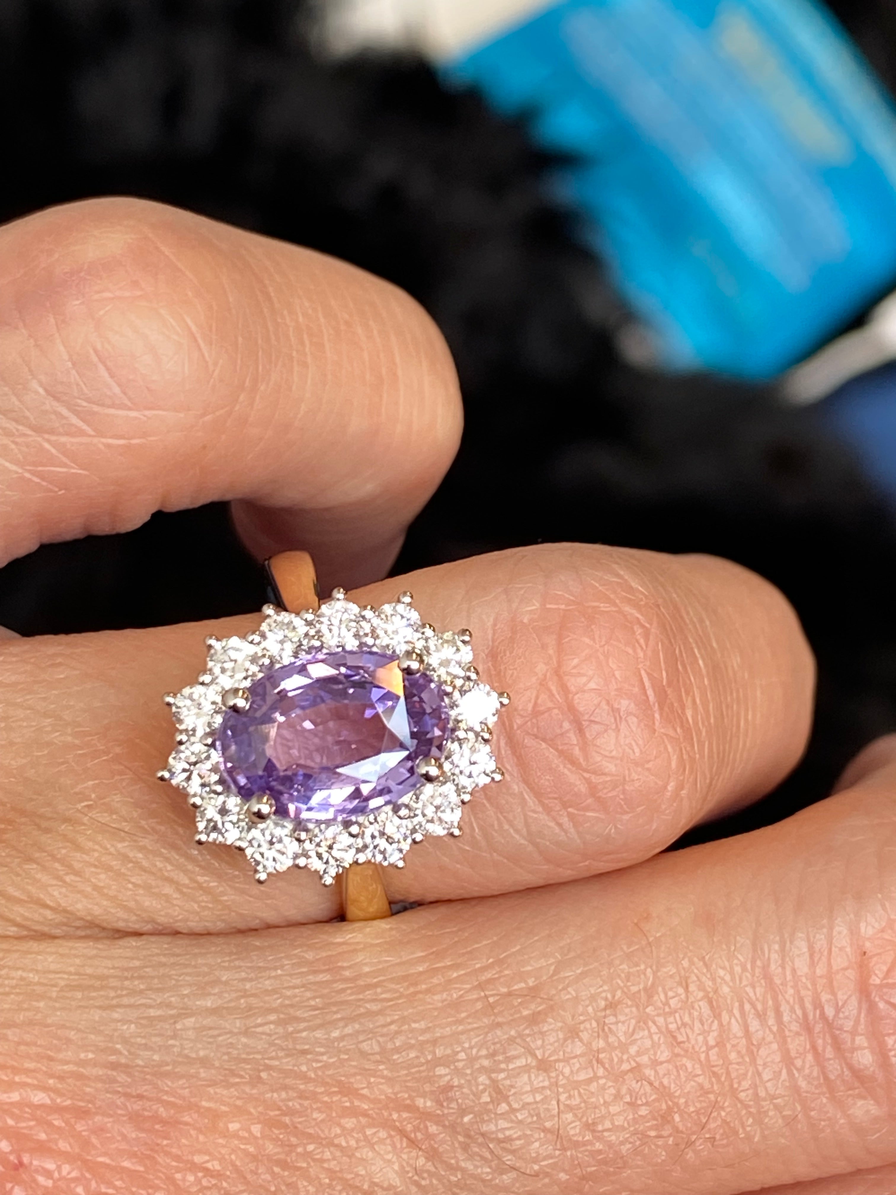 3.52 Carat No Heat Purple Sapphire and Natural Diamond Halo Ring in Platinum and 18ct Yellow Gold