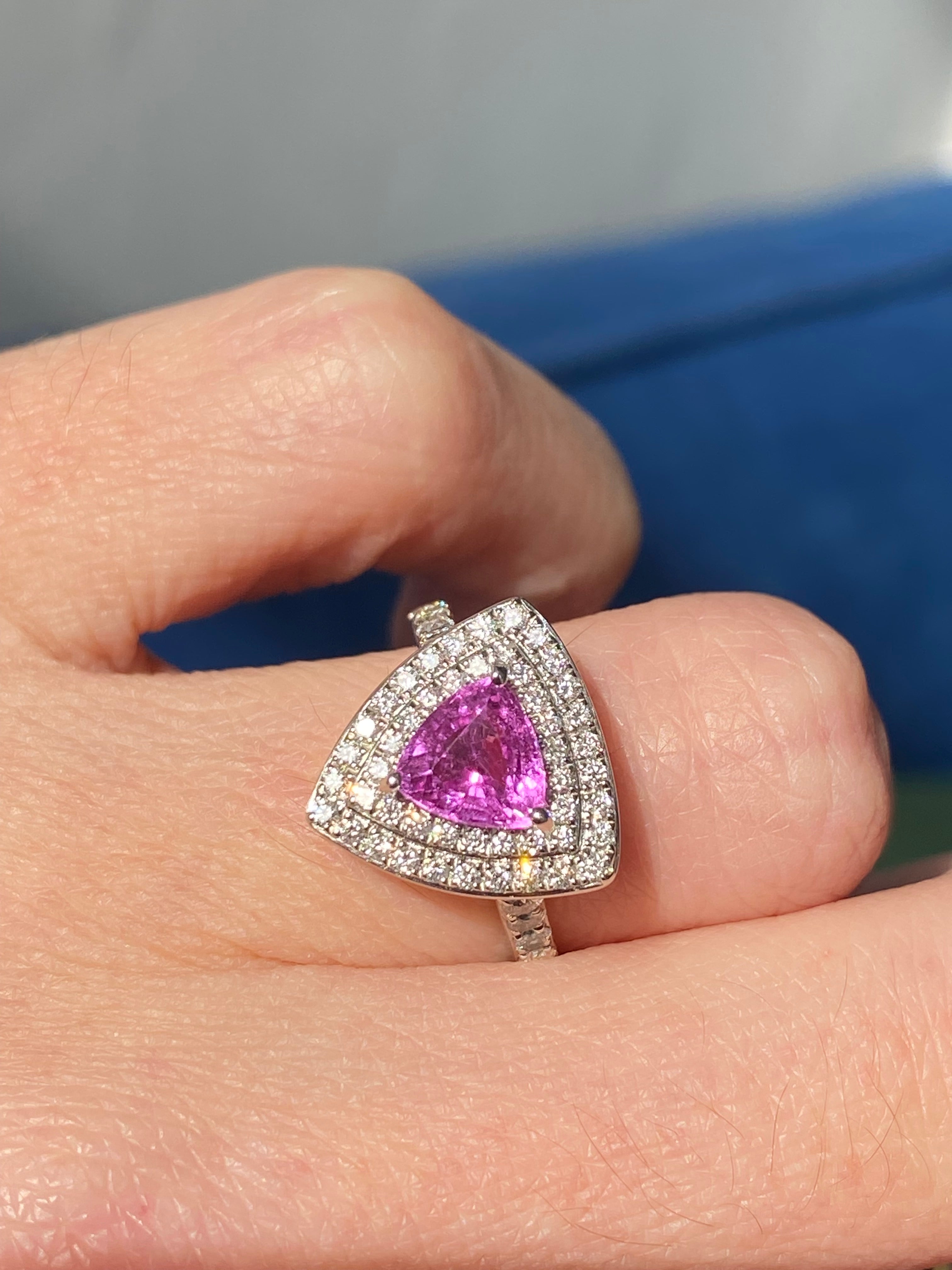 Pink Sapphire Trillion Cut Ring in Platinum