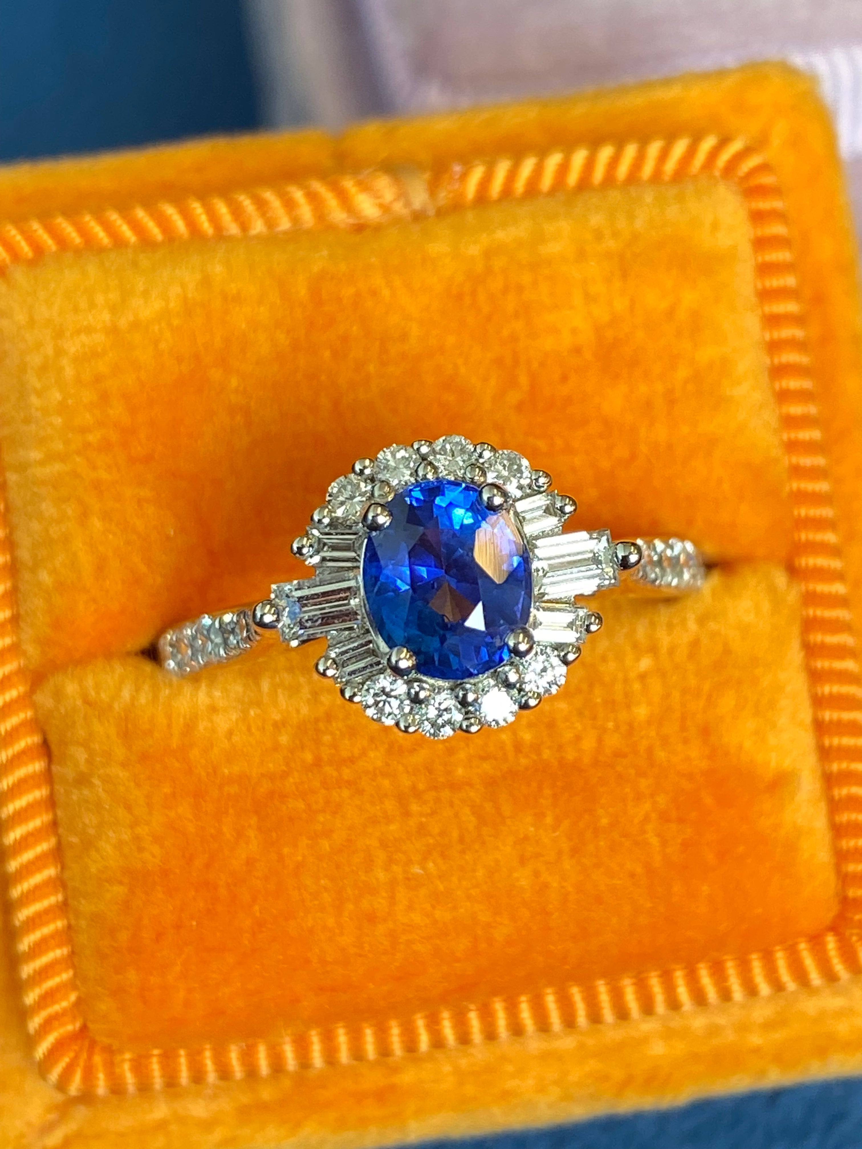 1.58 CTW Blue Ceylon Sapphire and Natural Diamond Halo Ring in Platinum