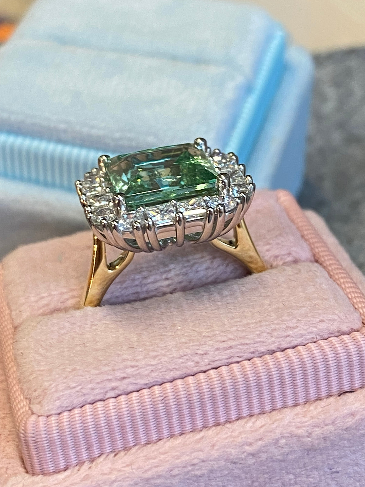 4.73 CTW Princess Cut Mint Tourmaline and Natural Diamond Ring in Platinum and 18ct Yellow Gold