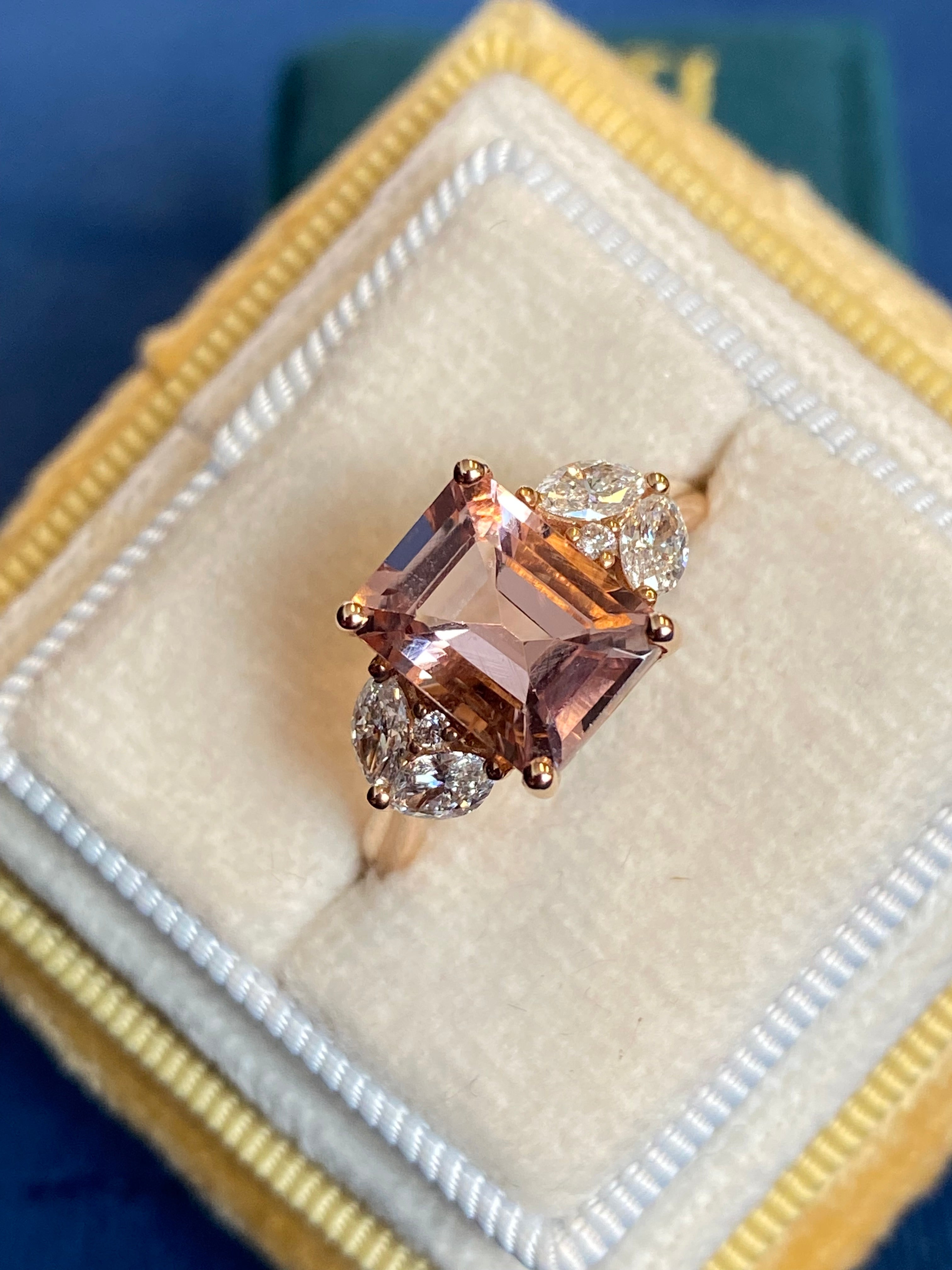 3.25 CTW Emerald Cut Morganite and Diamond Three Stone Engagement Ring in 18ct Rose Gold