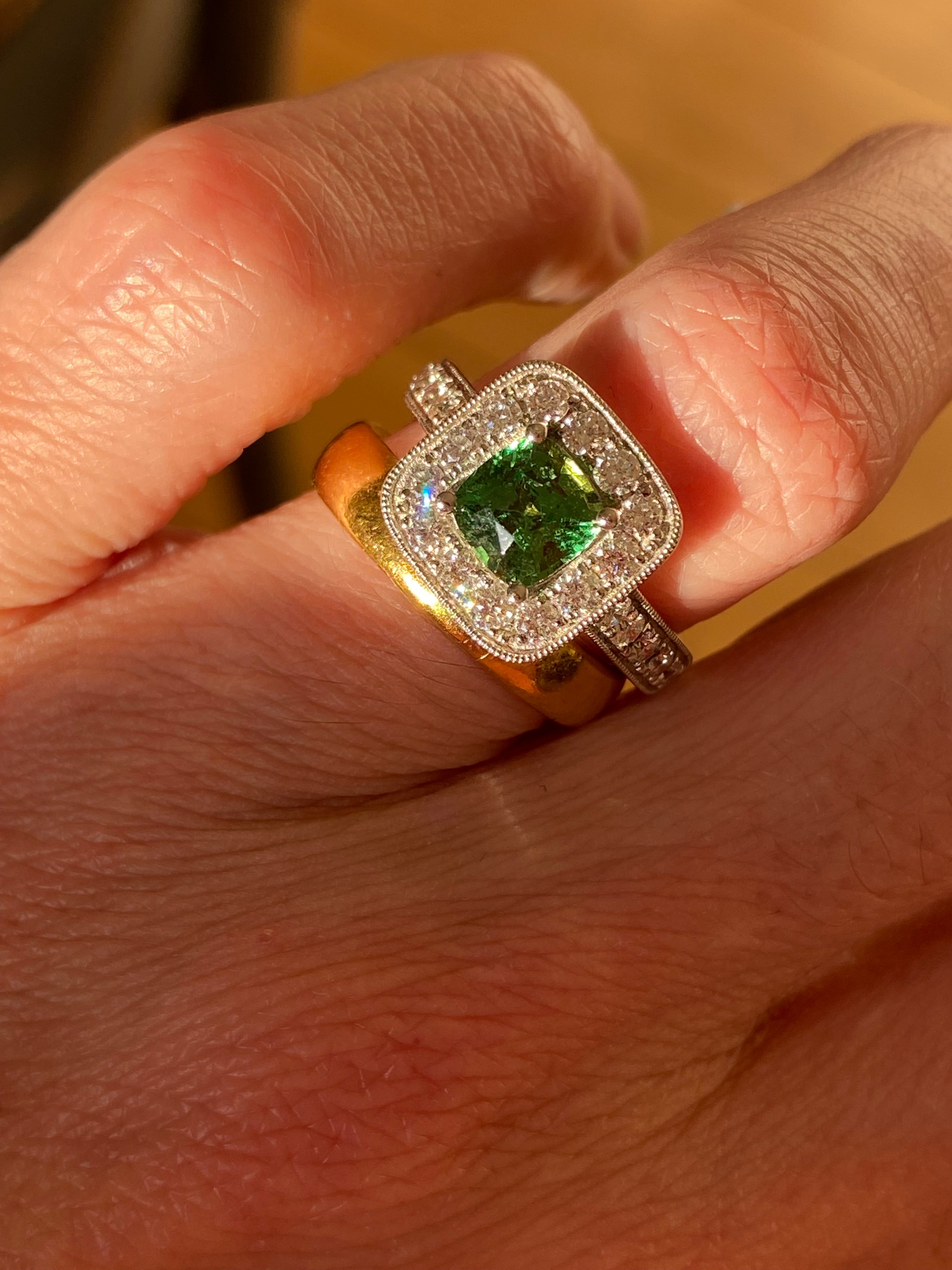 1.29 Carat Tsavorite Garnet and 0.72 Carat Diamond Halo Engagement Ring in Platinum