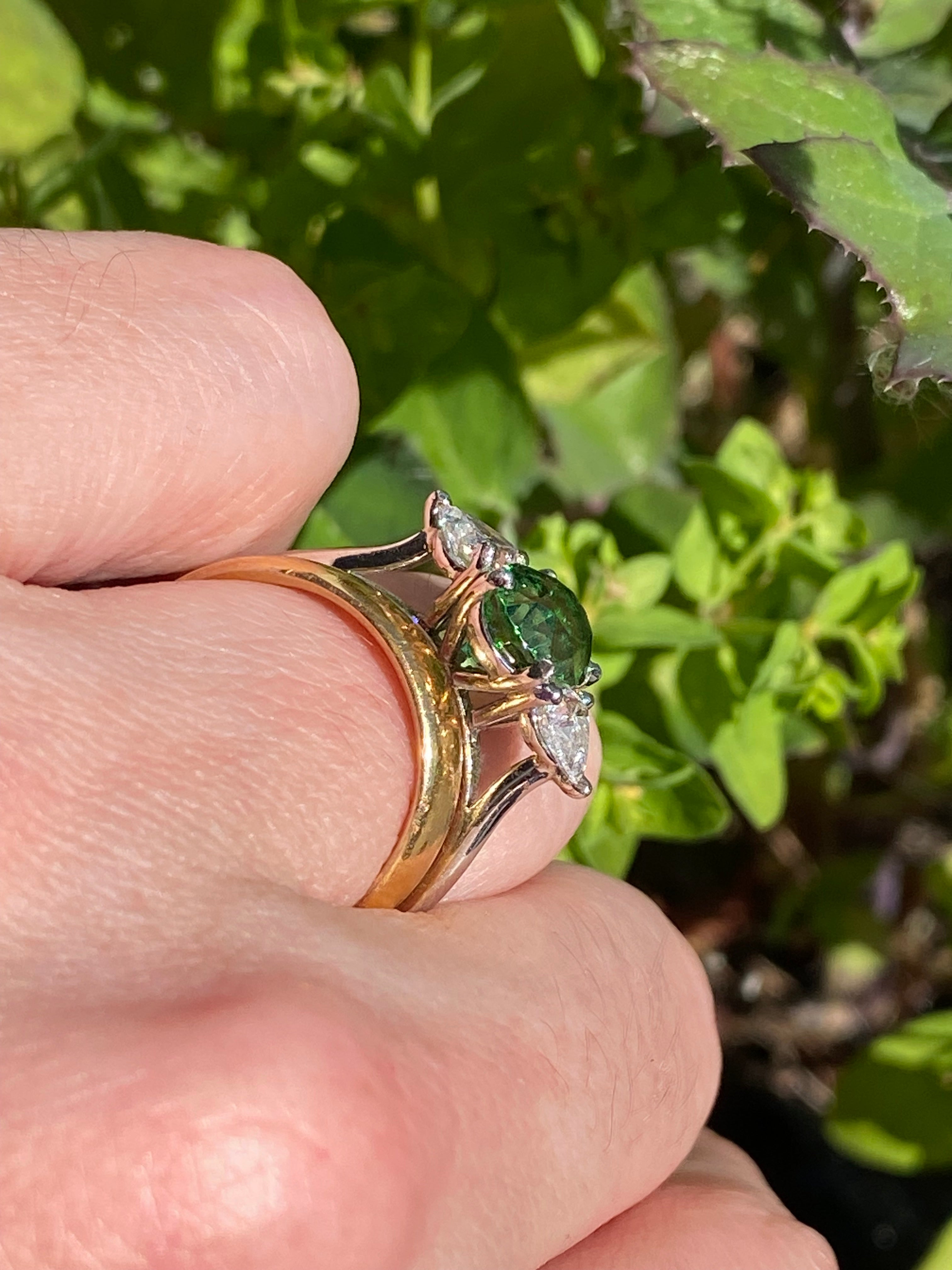 2.49 Carat Tsavorite Garnet and 0.83 Carat Diamond Three Stone Engagement Ring in Platinum