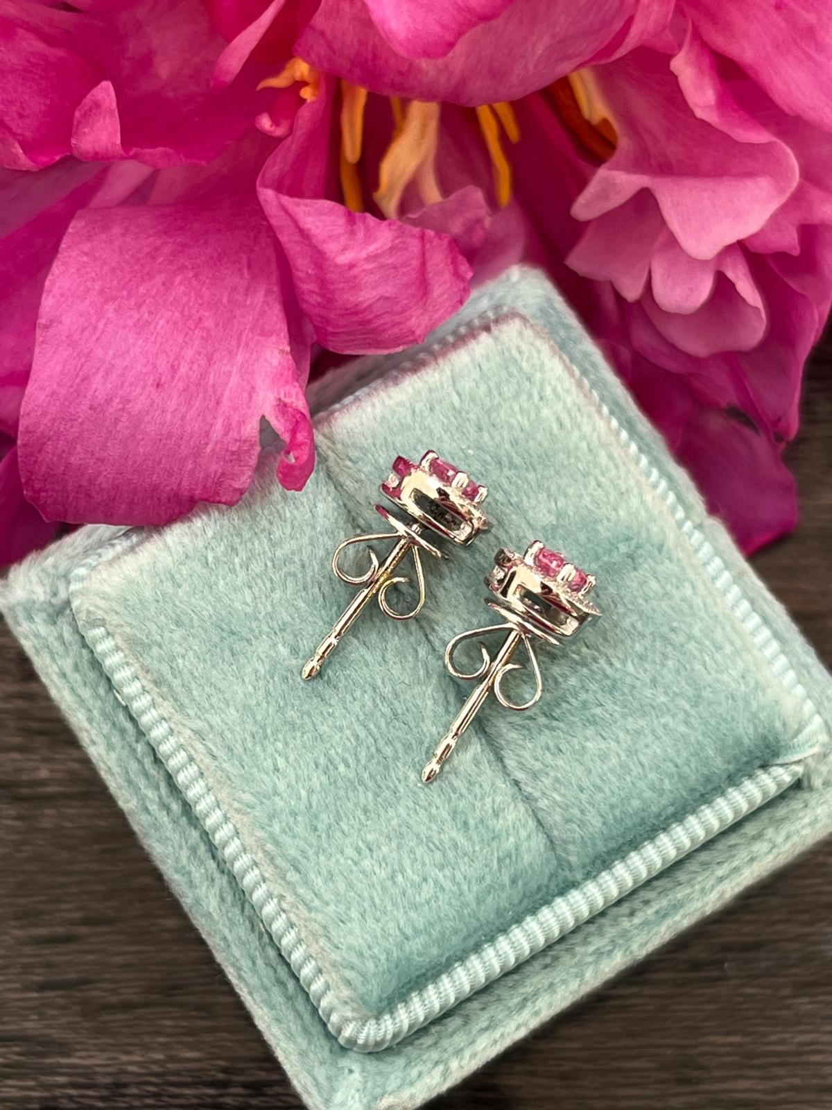 Pink Sapphire and Natural Diamond Halo Stud Earrings in 18ct White Gold