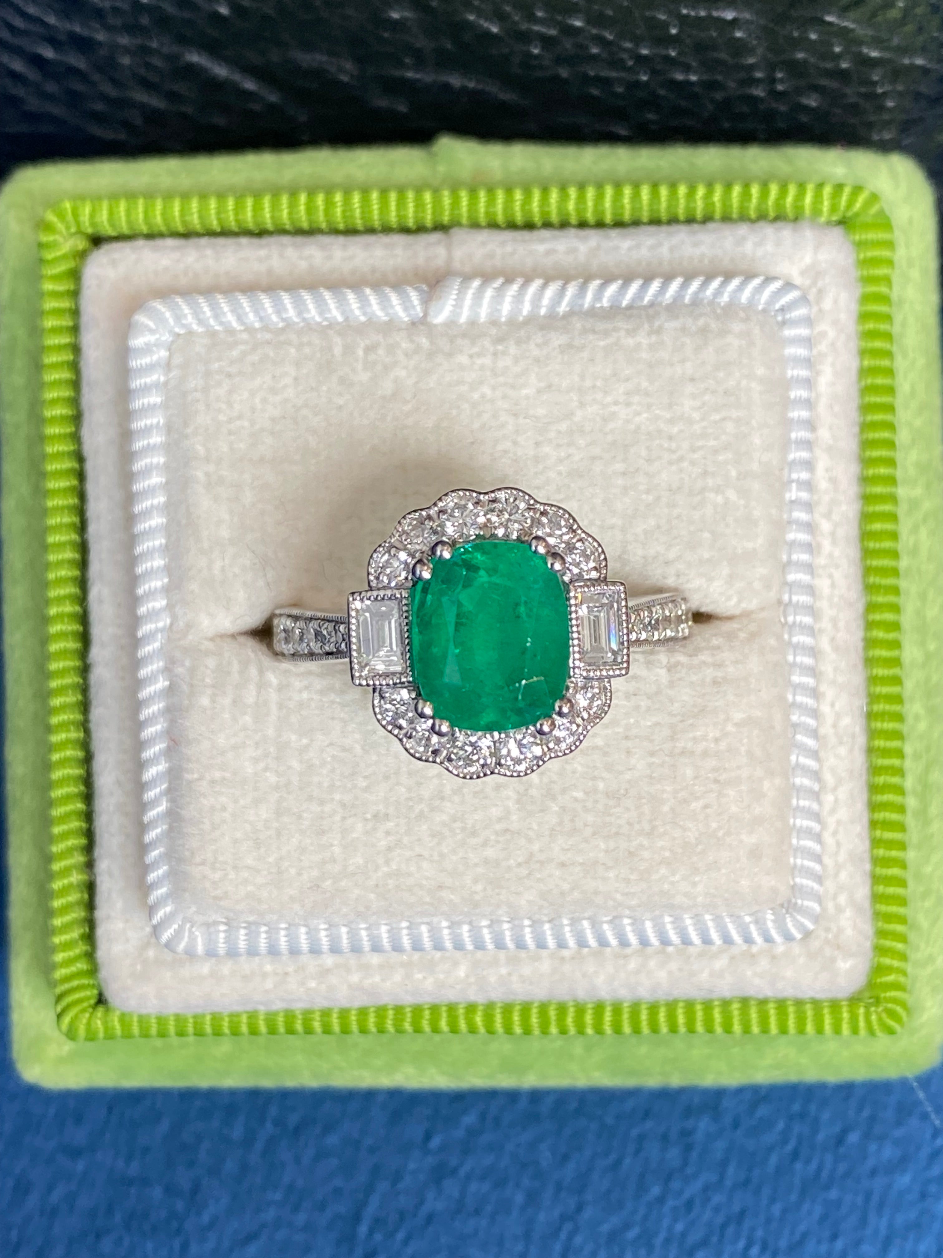 2.02 Carat Cushion Cut Emerald and 0.65 CTW Natural Diamond Halo Ring in Platinum
