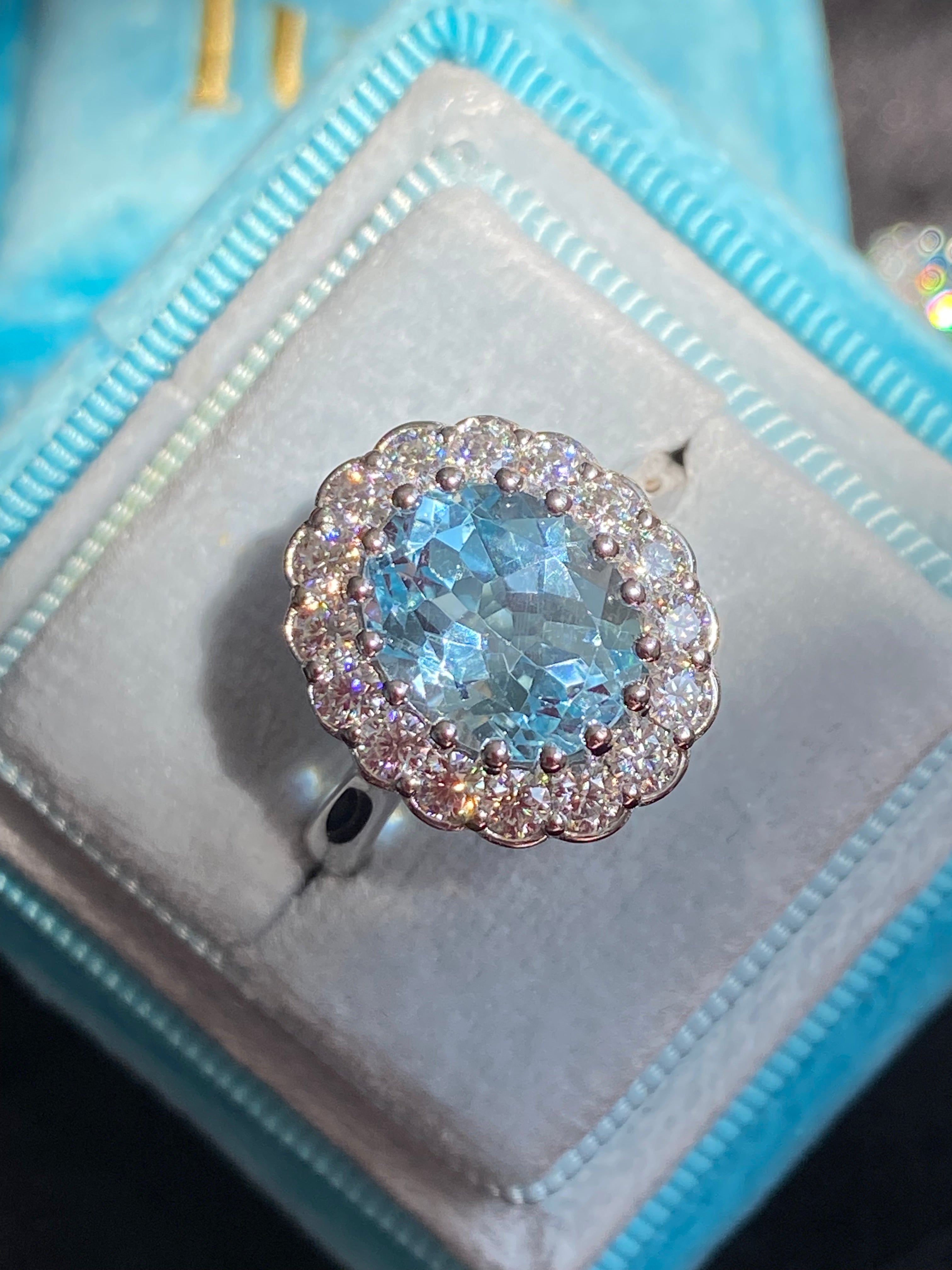 5.50 CTW Oval Cut Blue Topaz and Moissanite Halo Cocktail Ring