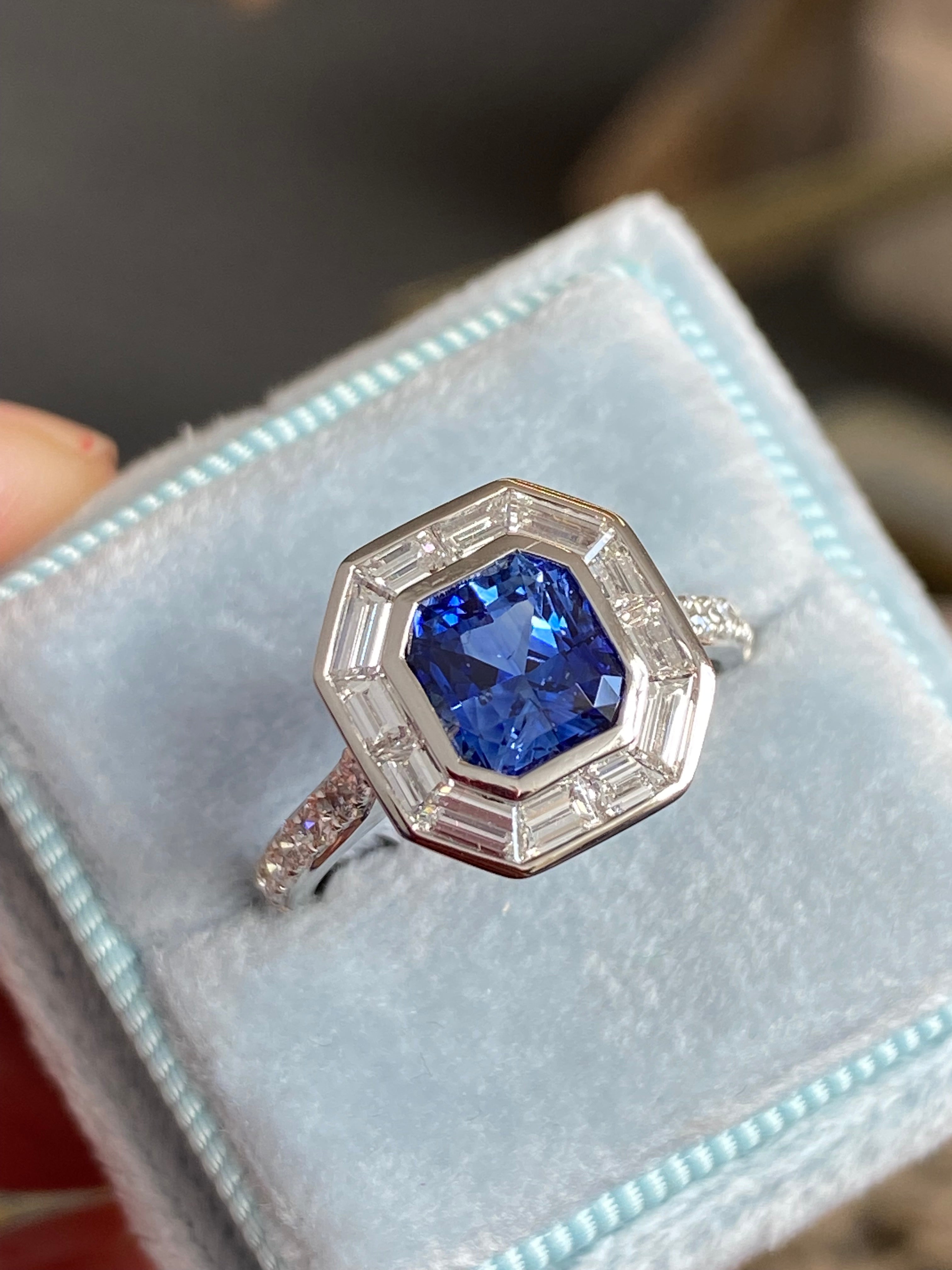 2.10 Carat Blue Ceylon Sapphire and 1.09 CTW Natural Diamond Halo Ring in Platinum