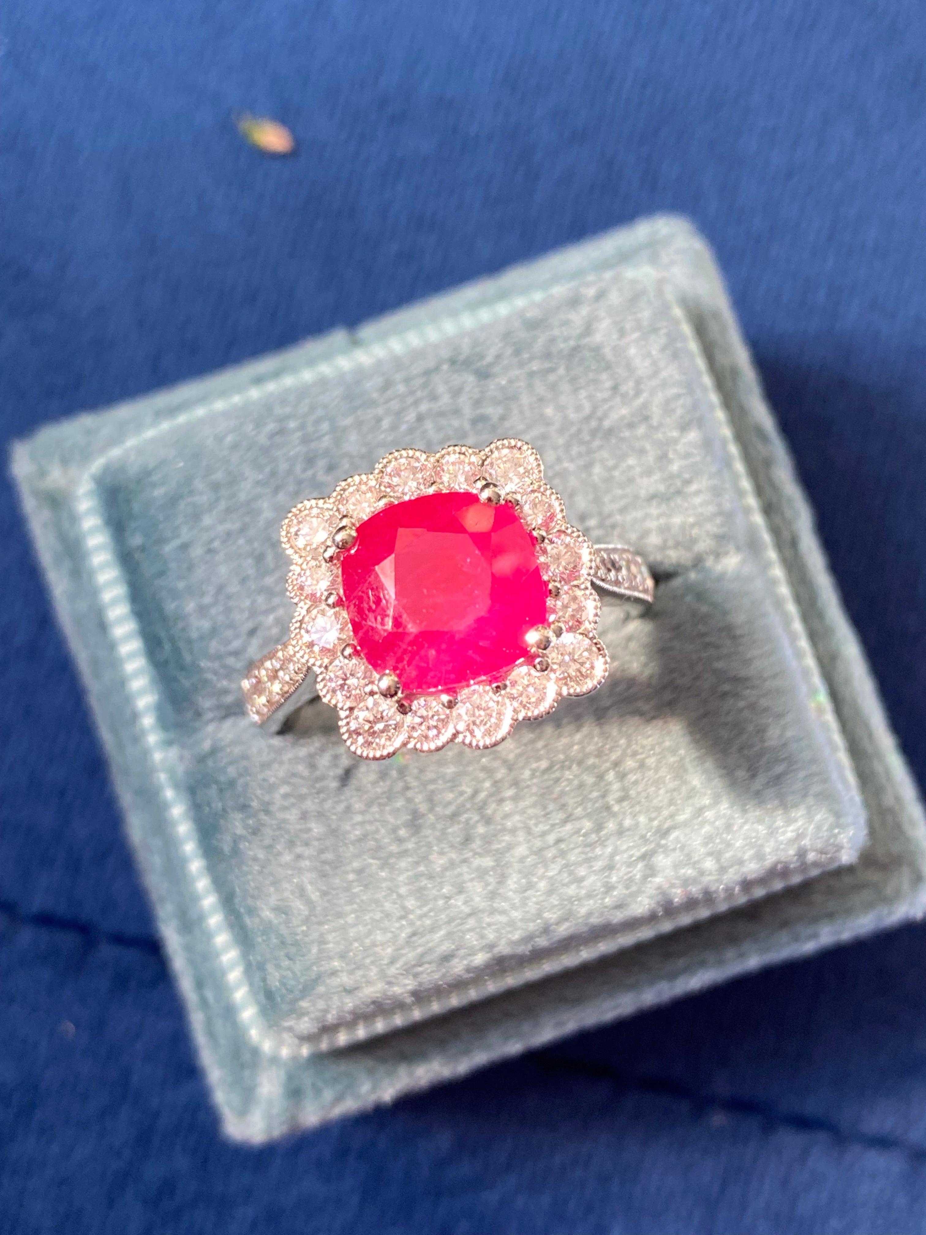 3.29 Carat Cushion-Cut Ruby and 0.78 ctw Natural Diamond Halo Ring in Platinum