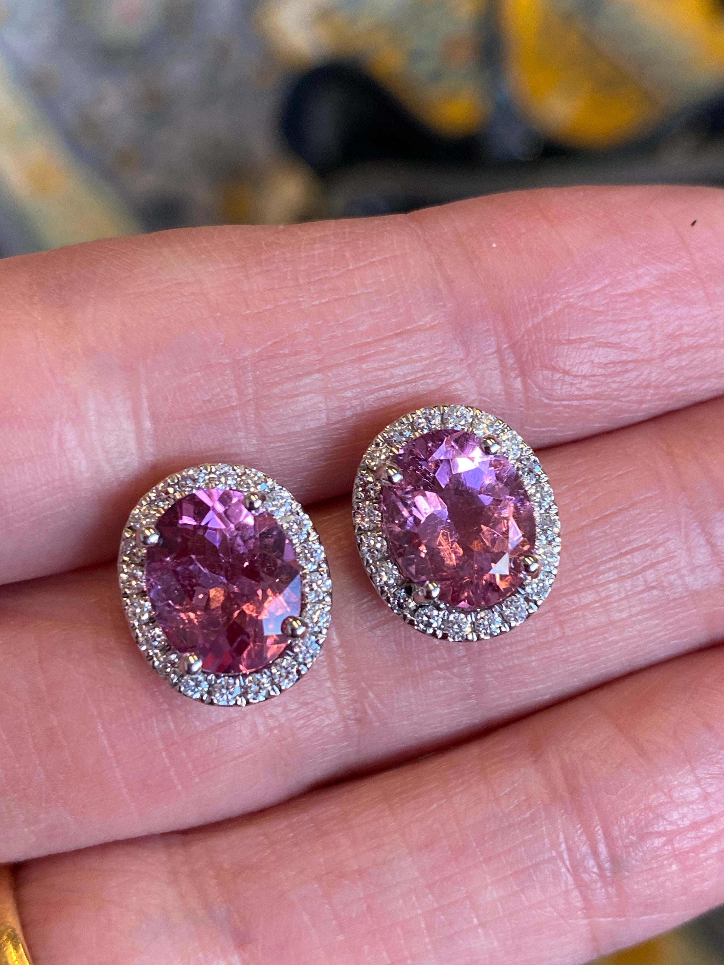 5.90 CTW Pink Tourmaline and Diamond Halo Stud Earrings in Platinum