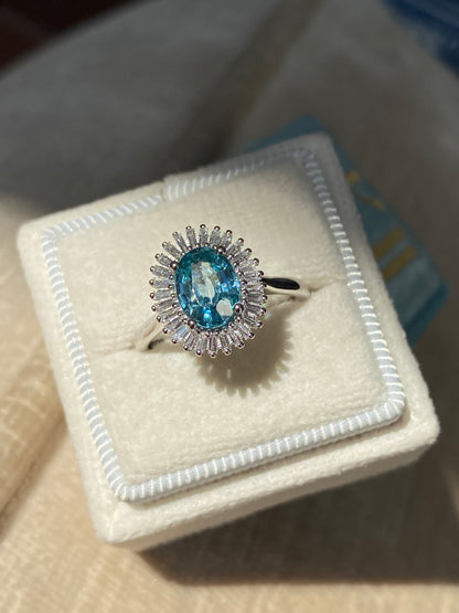 1.70 Carat Blue Zircon and Natural Diamond Starburst Halo Ring in Platinum