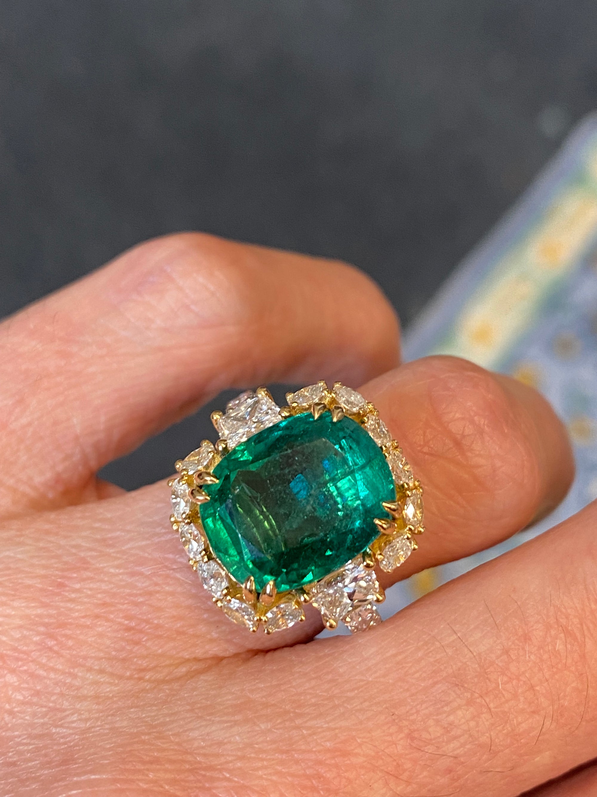 8.75 Carat Cushion Cut Zambian Emerald and 2.53 CTW Natural Diamond Halo Ring in Platinum and 18ct Yellow Gold