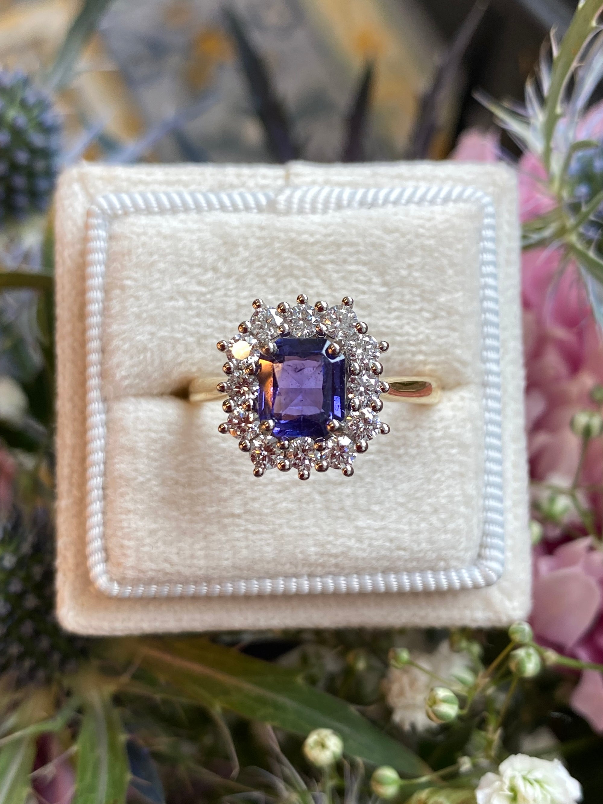 1.31 Carat Purple Sapphire and 0.60ctw Natural Diamond Halo Ring in Platinum and 18ct Gold