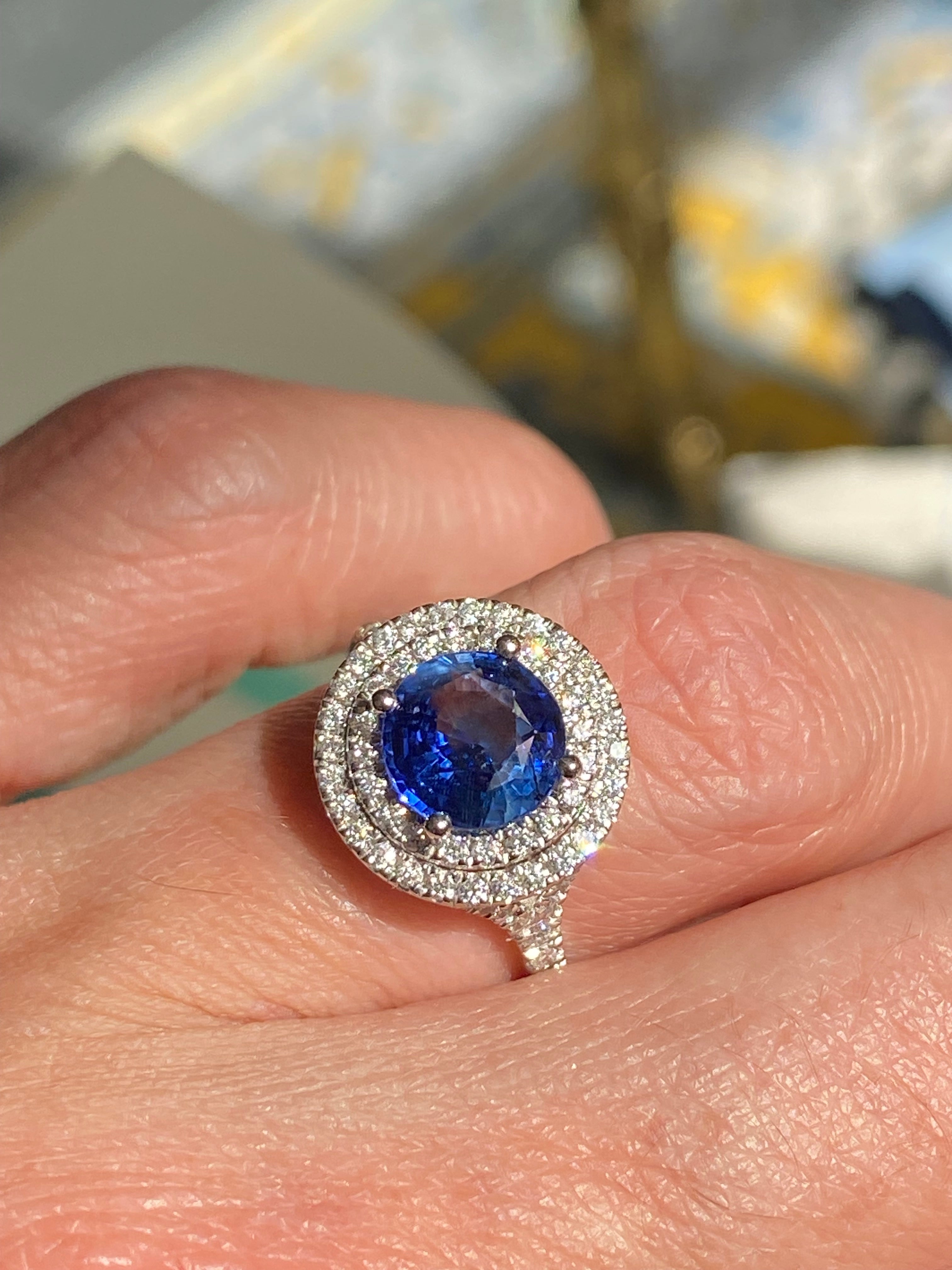 2.56 CTW Blue Ceylon Sapphire and Natural Diamond Double Halo Ring in Platinum