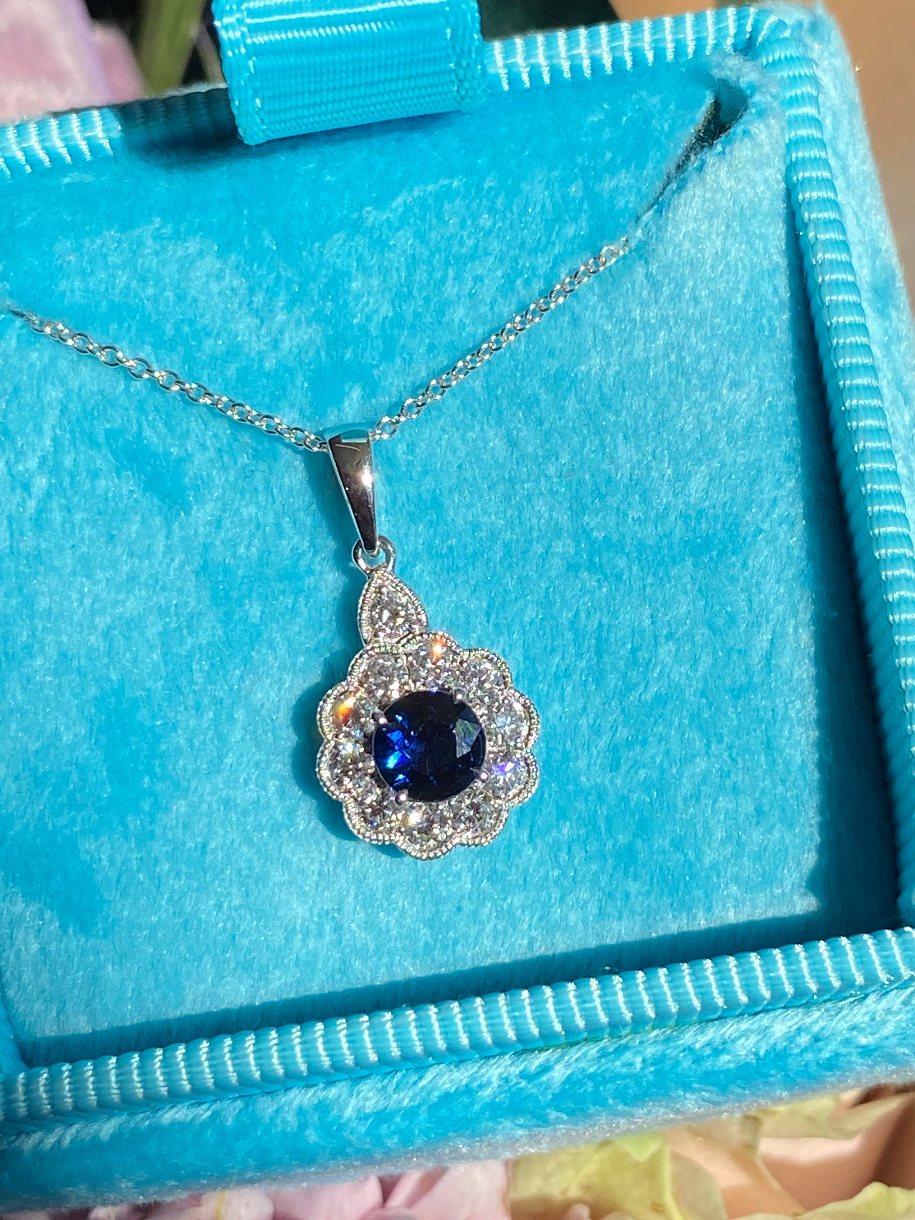 0.86 CTW Sapphire and Natural Diamond Pendant Necklace in 18ct White Gold