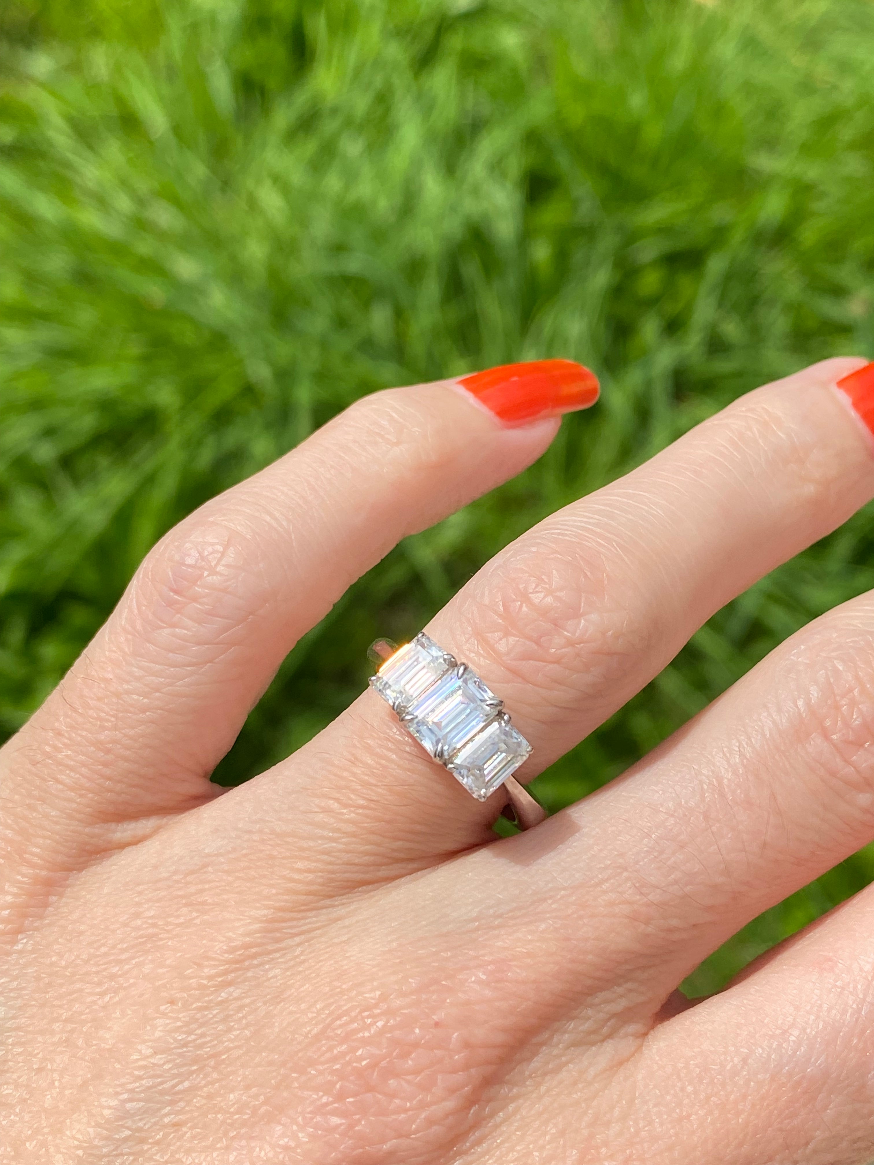 2.00 CTW Emerald Cut Moissanite Three Stone Engagement Ring in Sterling Silver