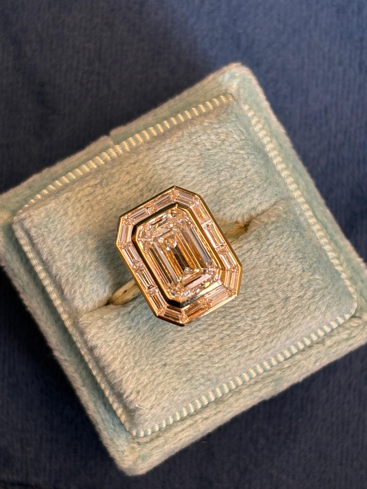 3.74 CTW Emerald Cut Lab Diamond Halo Engagement Ring in 18ct Yellow Gold