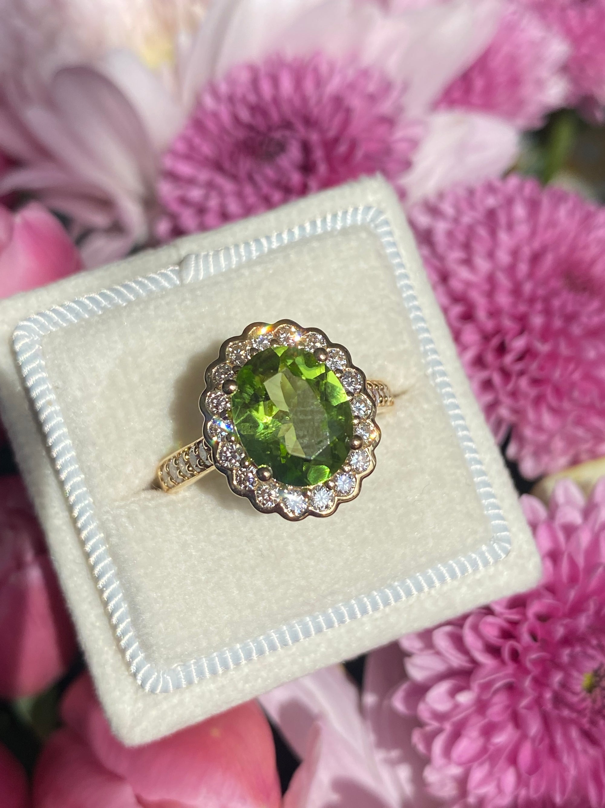 2.96 Carat Peridot and Natural Diamond Halo Ring in 18ct Yellow Gold