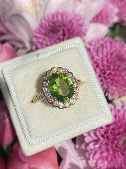 2.96 Carat Peridot and Natural Diamond Halo Ring in 18ct Yellow Gold