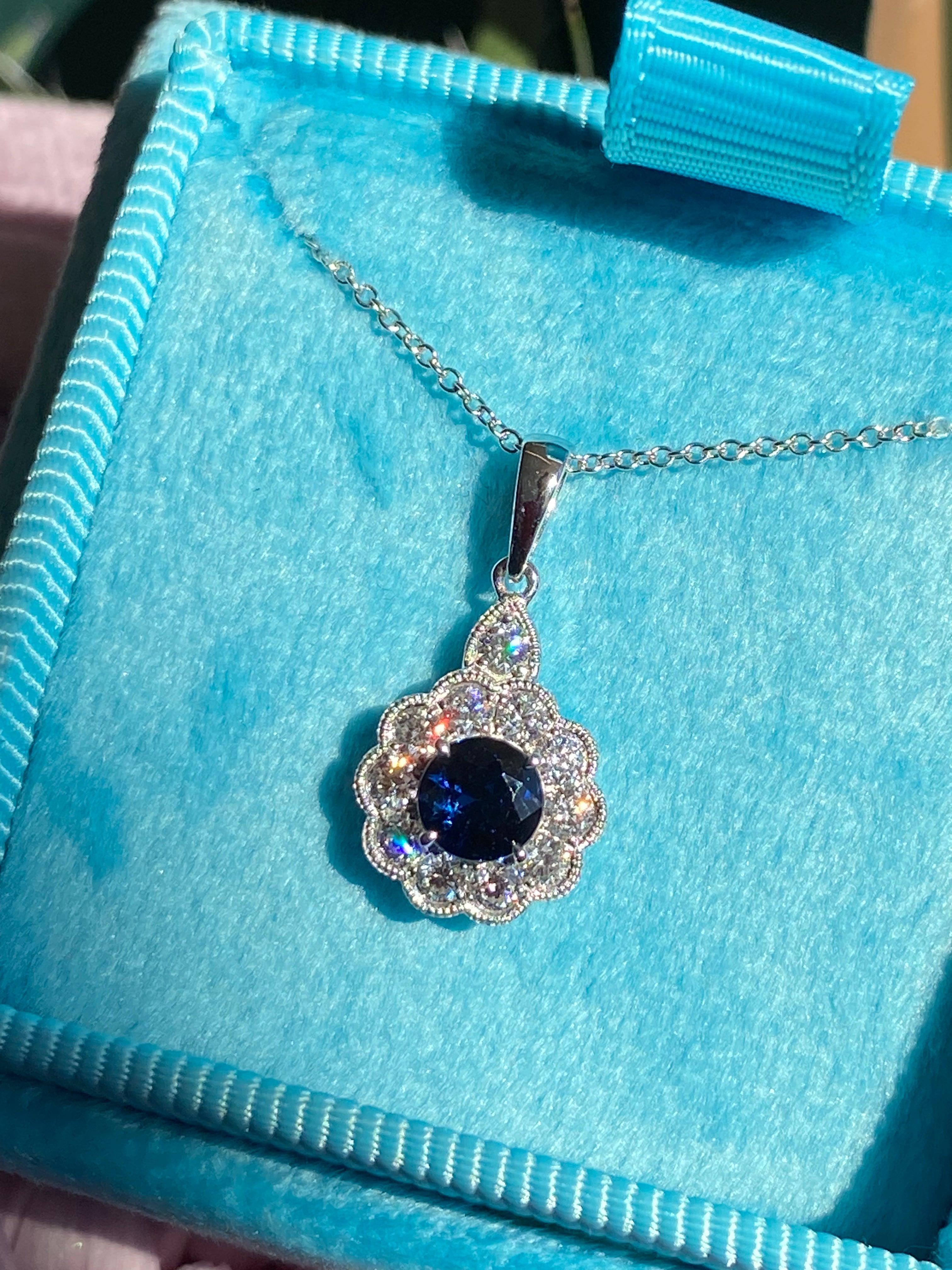 0.86 CTW Sapphire and Natural Diamond Pendant Necklace in 18ct White Gold