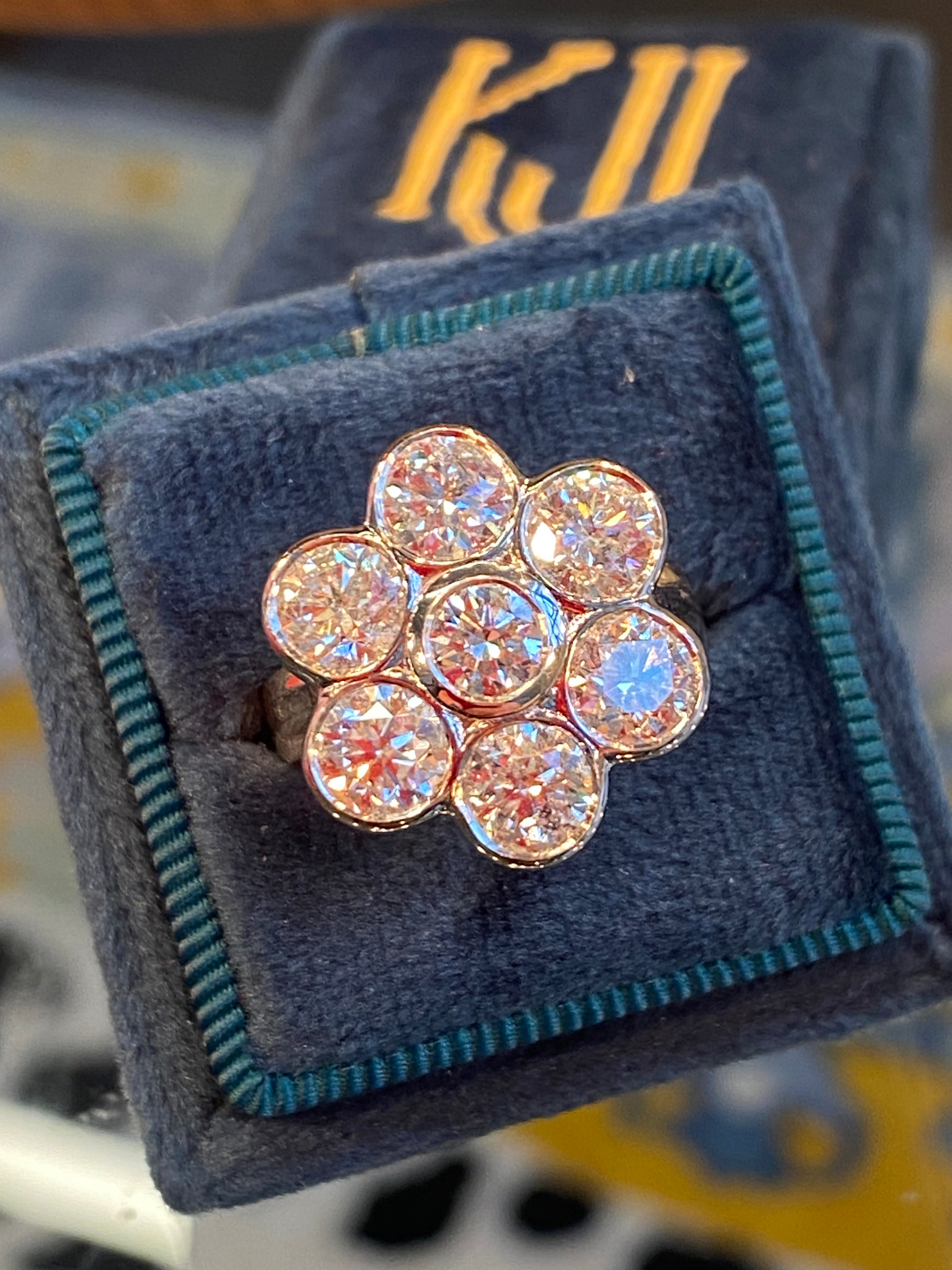 Vintage 4.07 CTW Natural Diamond Daisy Cluster Ring in Platinum and 18ct Yellow Gold