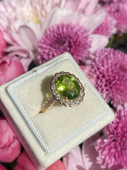 2.96 Carat Peridot and Natural Diamond Halo Ring in 18ct Yellow Gold