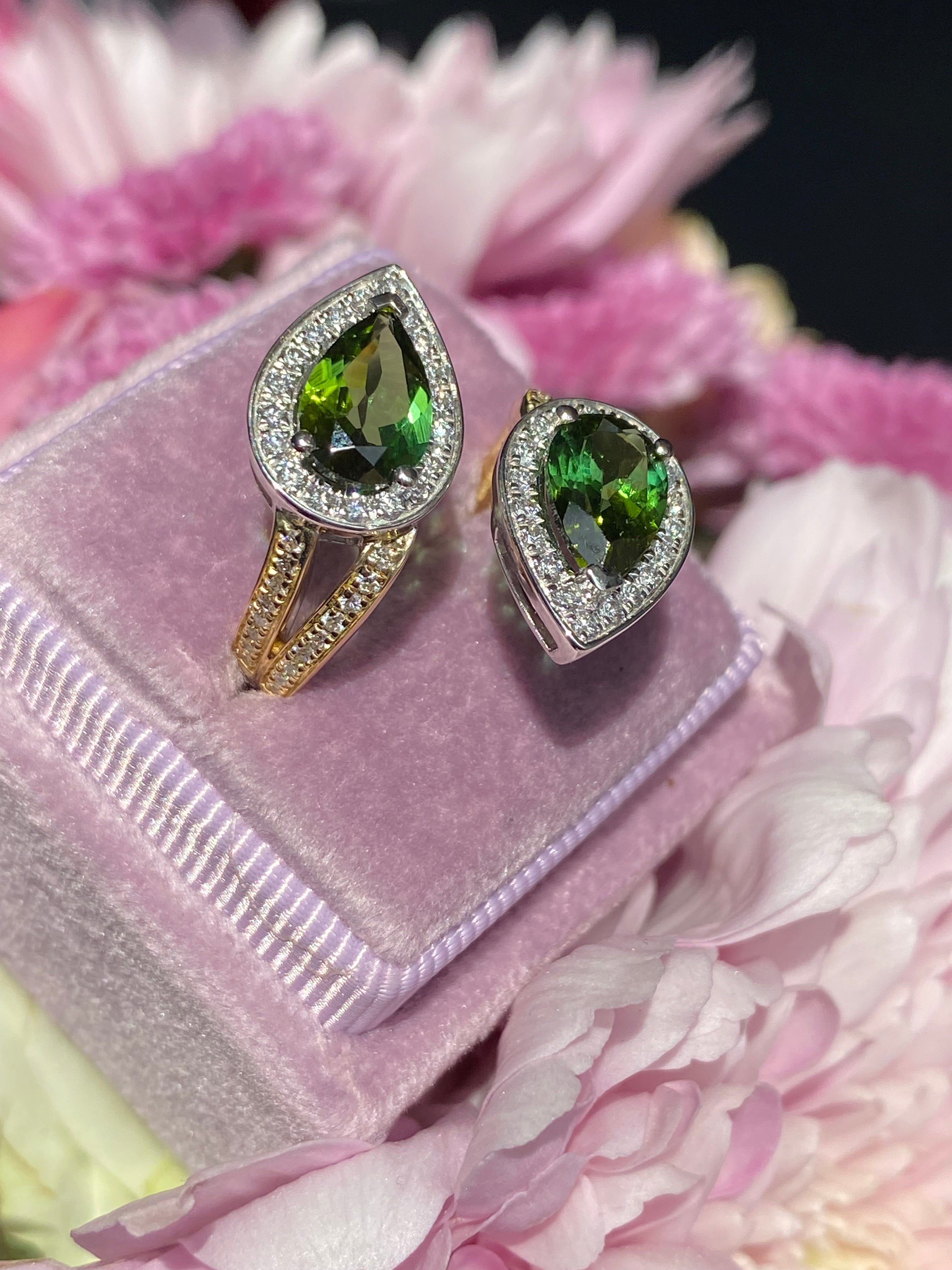 2.60 Carat Green Tourmaline and Diamond Bypass Ring in Platinum and 18ct Yellow Gold
