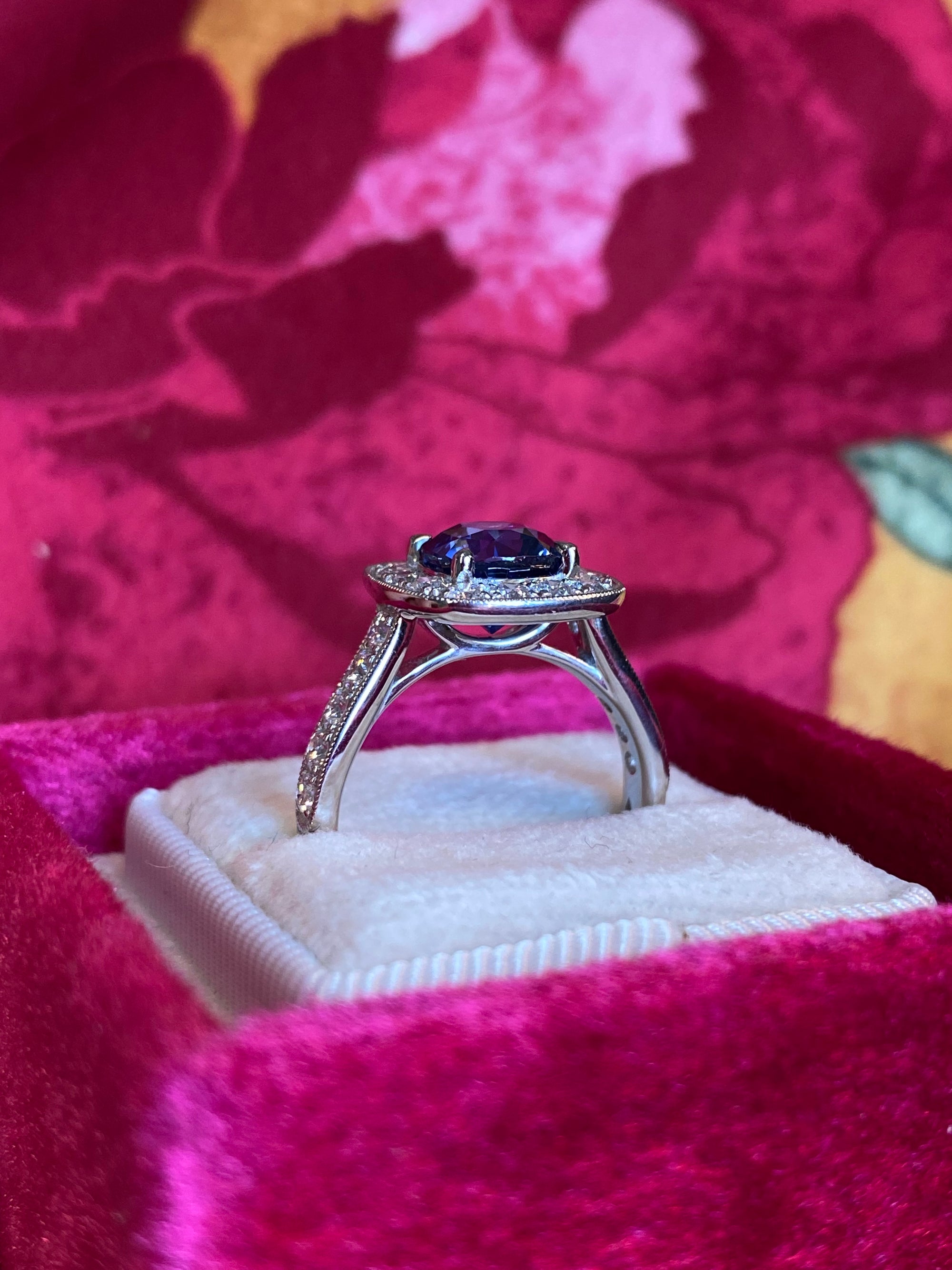2.24 Carat Blue Ceylon Sapphire and Natural Diamond Halo Ring in Platinum
