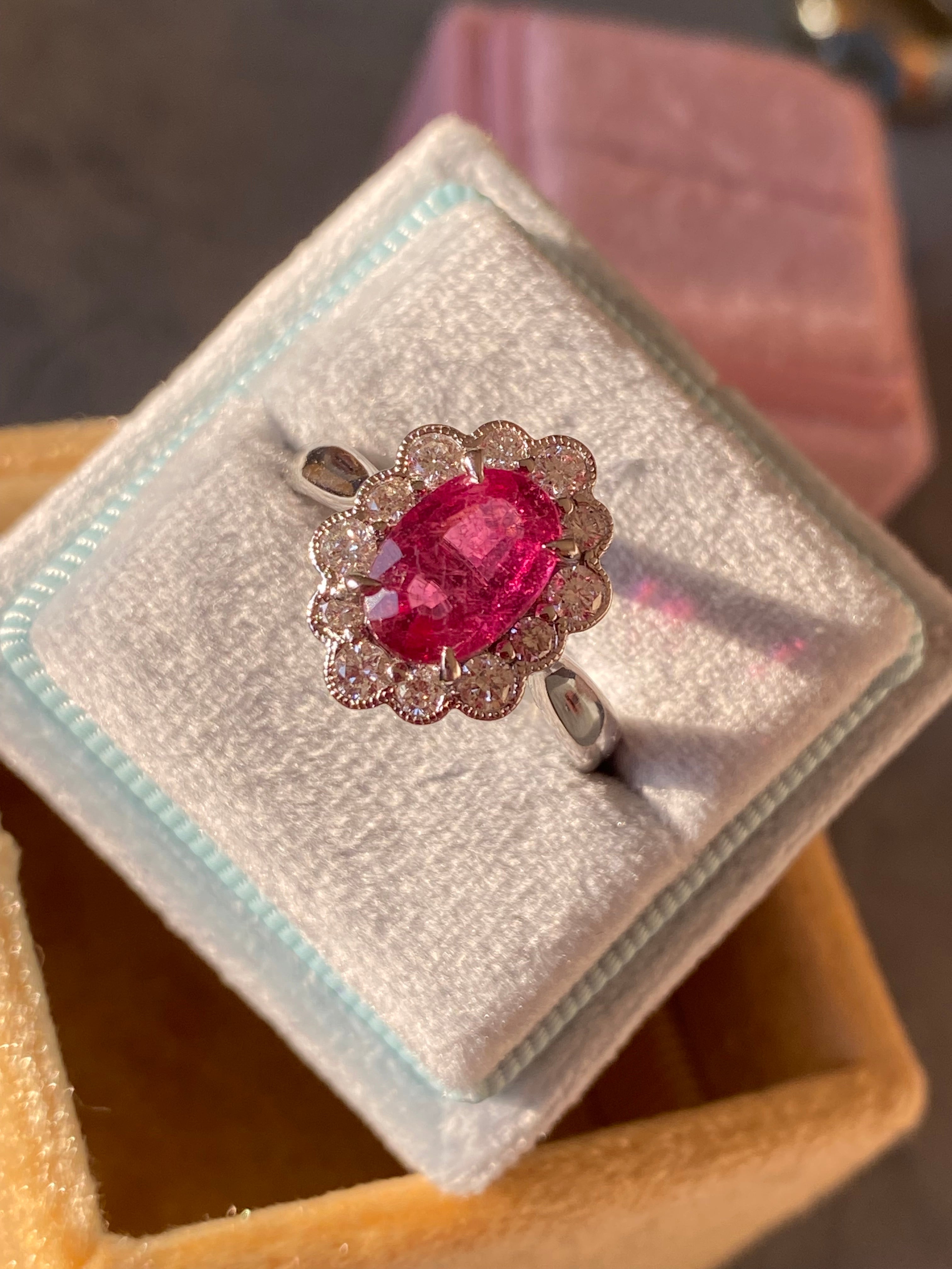 1.44 Carat Cut Pink Tourmaline and Natural Diamond Ring in Platinum