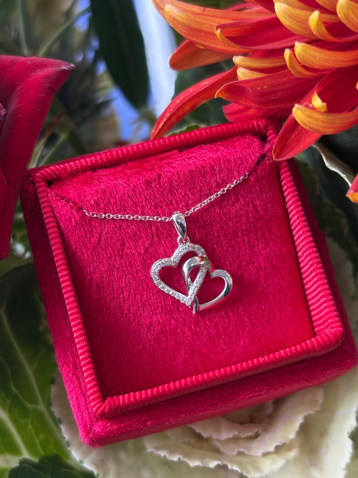 Beautiful Natural Diamond Pendant Double Heart Necklace in 18ct White Gold