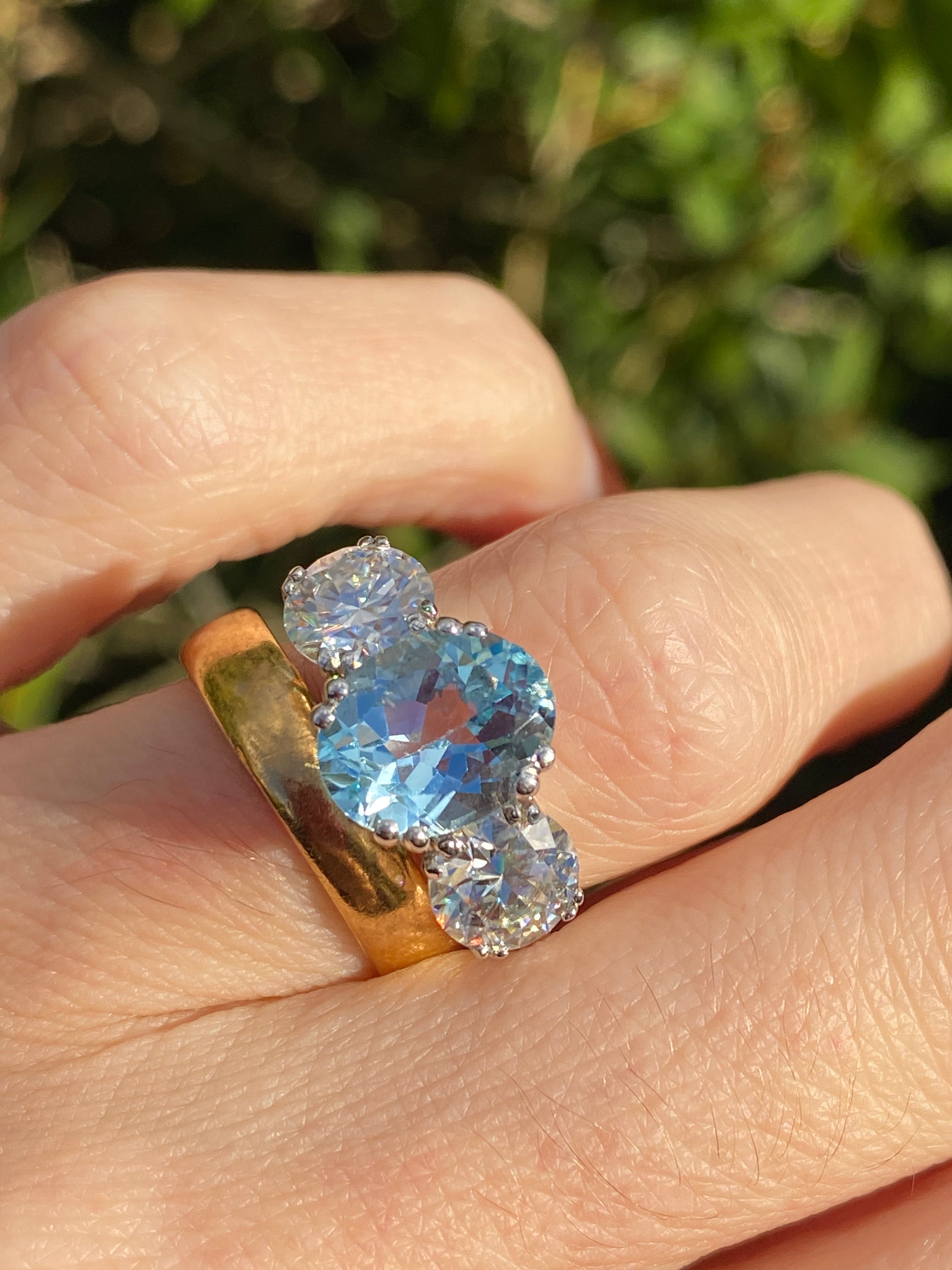 2.57 Carat Blue Topaz and 1.84 Carat Moissanite Three Stone Ring in Sterling Silver