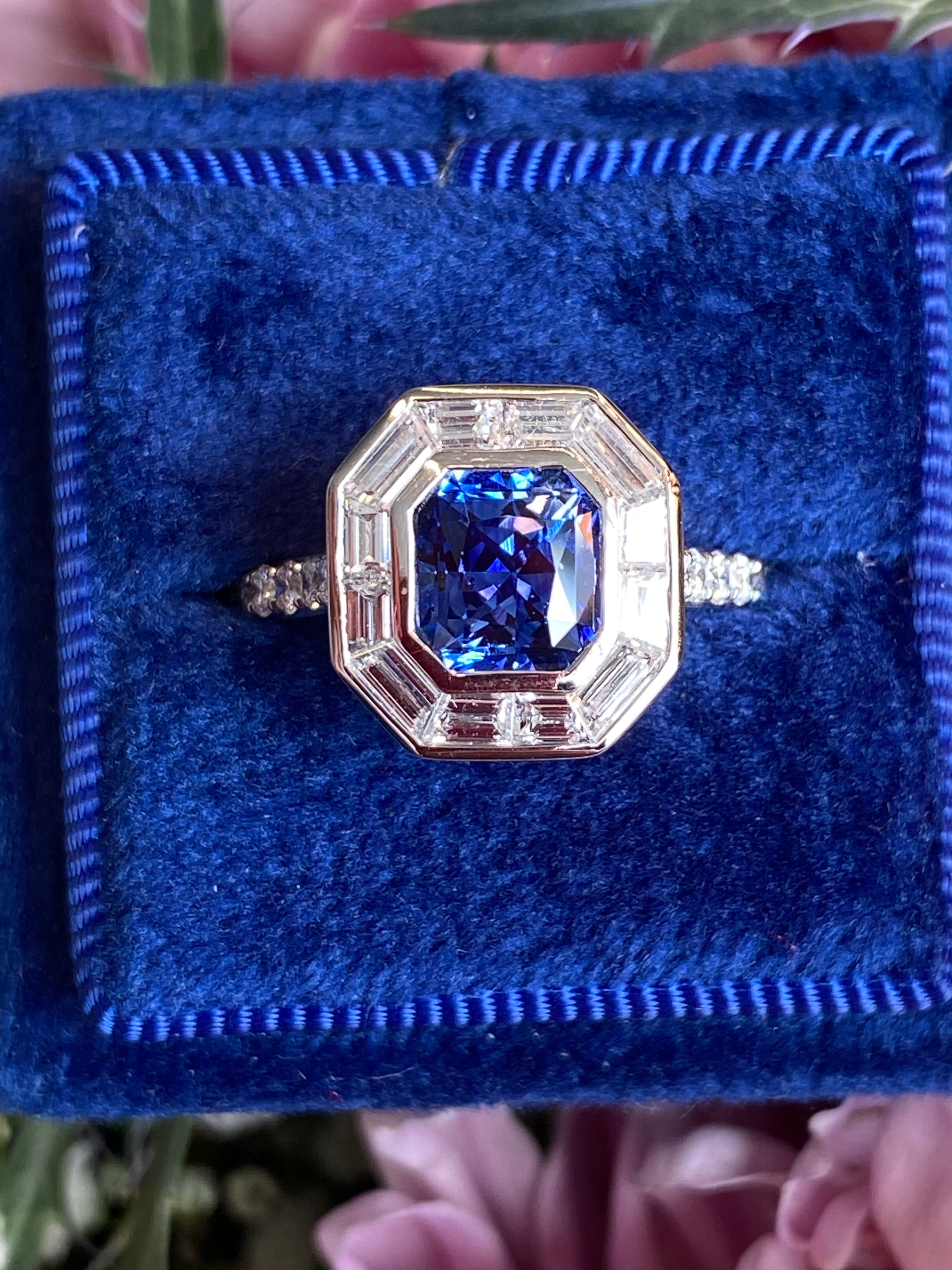 2.10 Carat Blue Ceylon Sapphire and 1.09 CTW Natural Diamond Halo Ring in Platinum