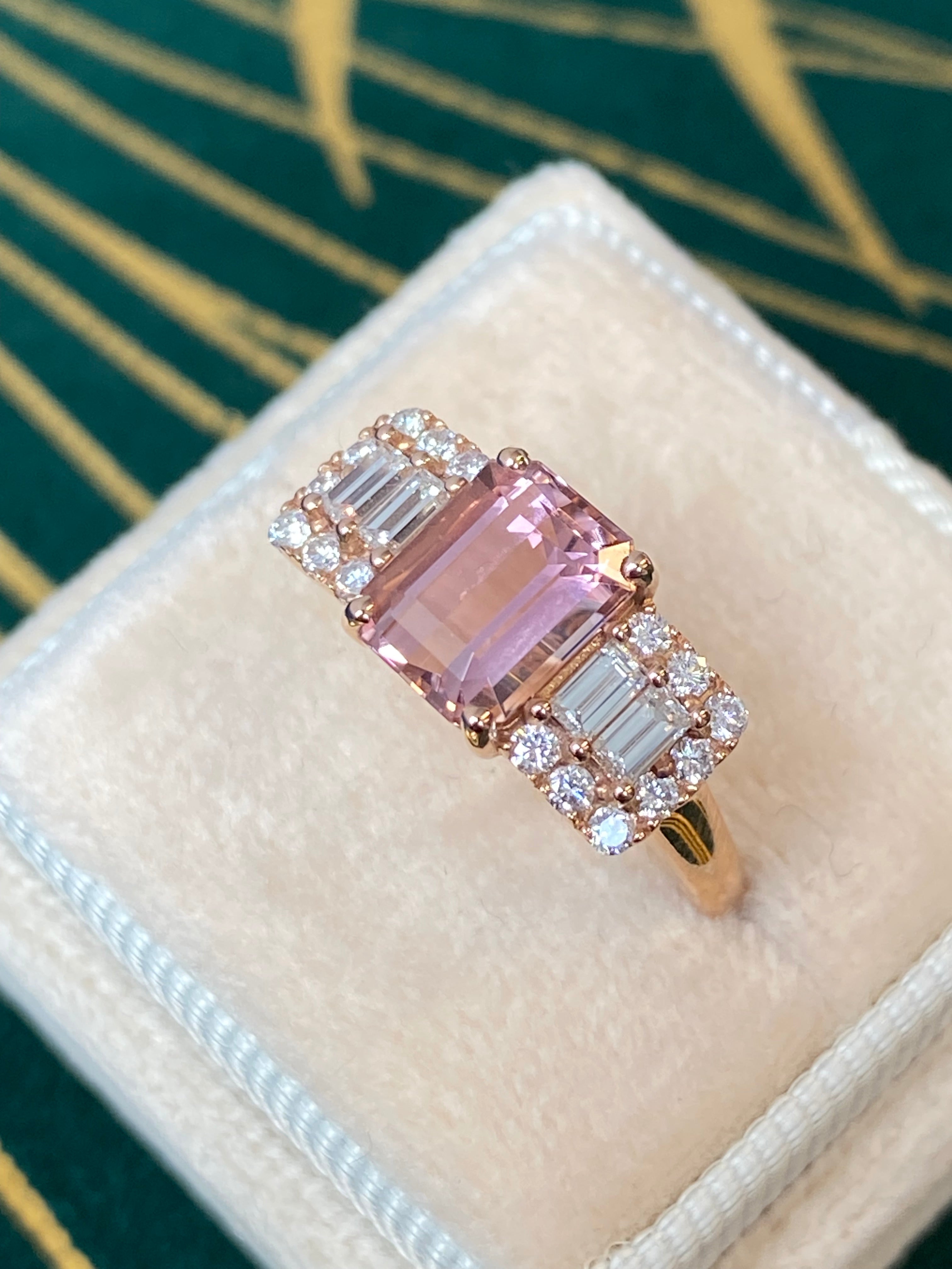 2.49 CTW Emerald Cut Morganite and Diamond Three Stone Style Engagement Ring in 18ct Rose Gold
