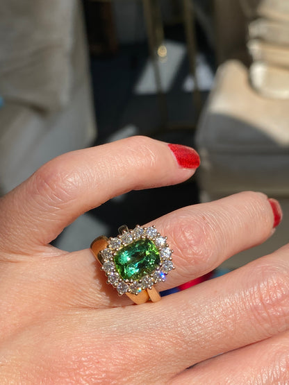 3.02 Carat Green Tourmaline and Natural Diamond Ring in 18ct Yellow Gold