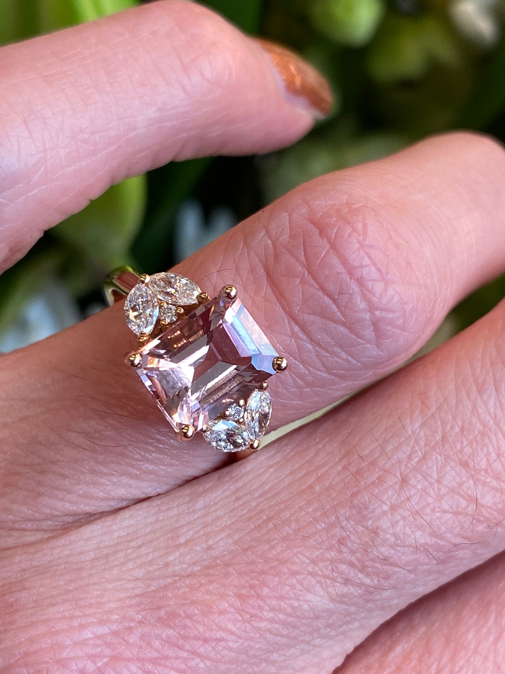 3.25 CTW Emerald Cut Morganite and Diamond Three Stone Engagement Ring in 18ct Rose Gold