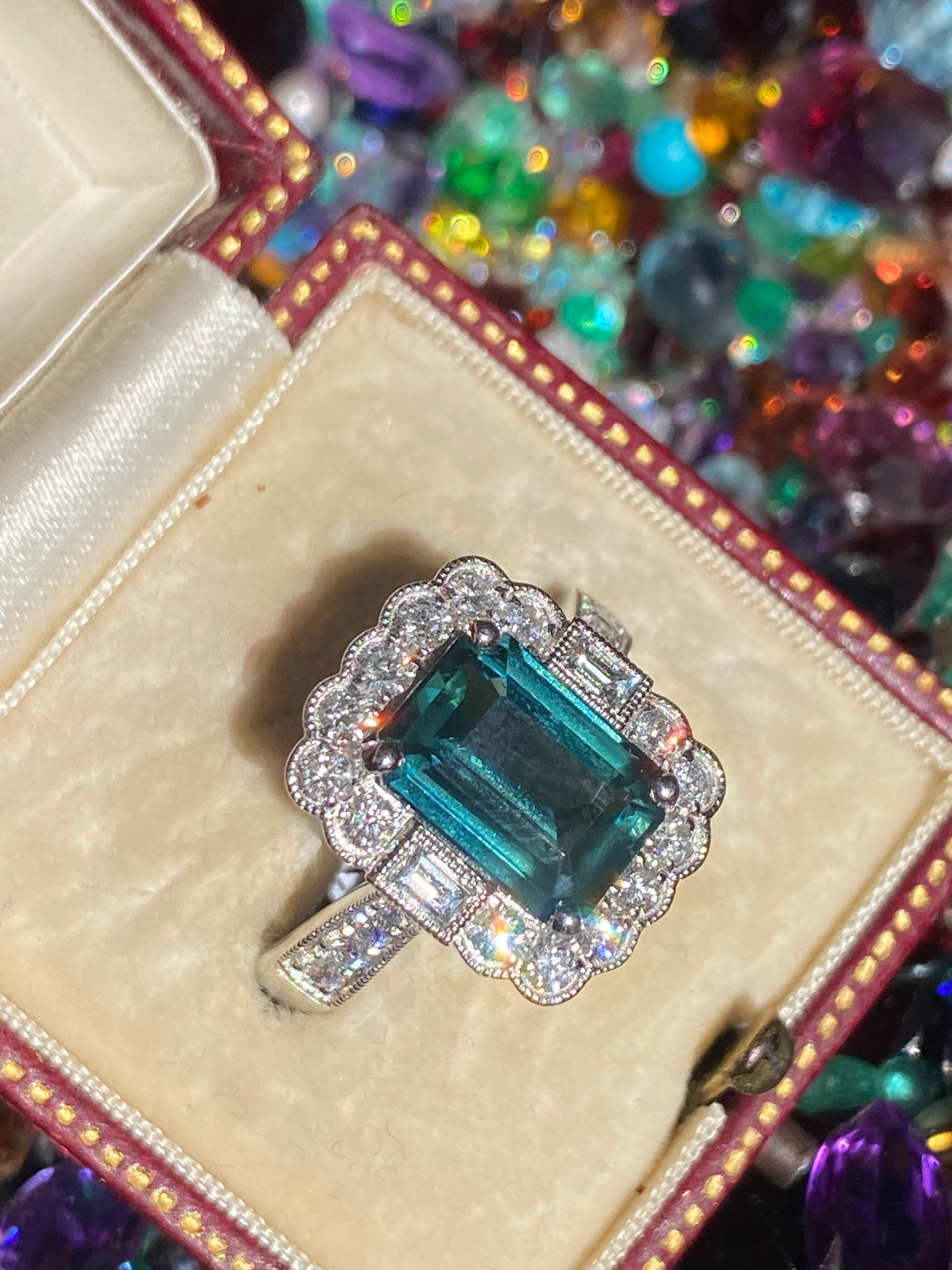 3.73 Carat Teal Sapphire and Natural Diamond Ring in Platinum