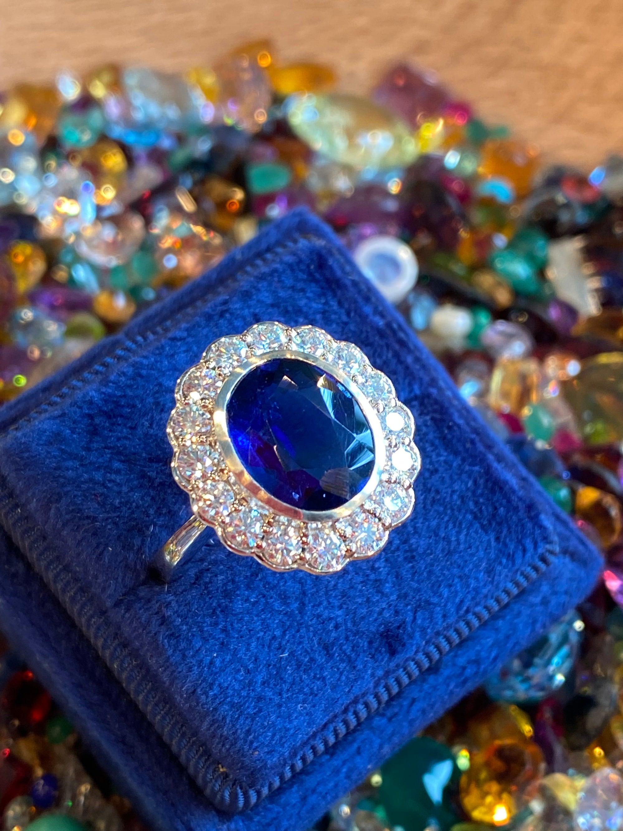 5.40 CTW Oval Cut Kyanite and Moissanite Halo Ring in Sterling Silver