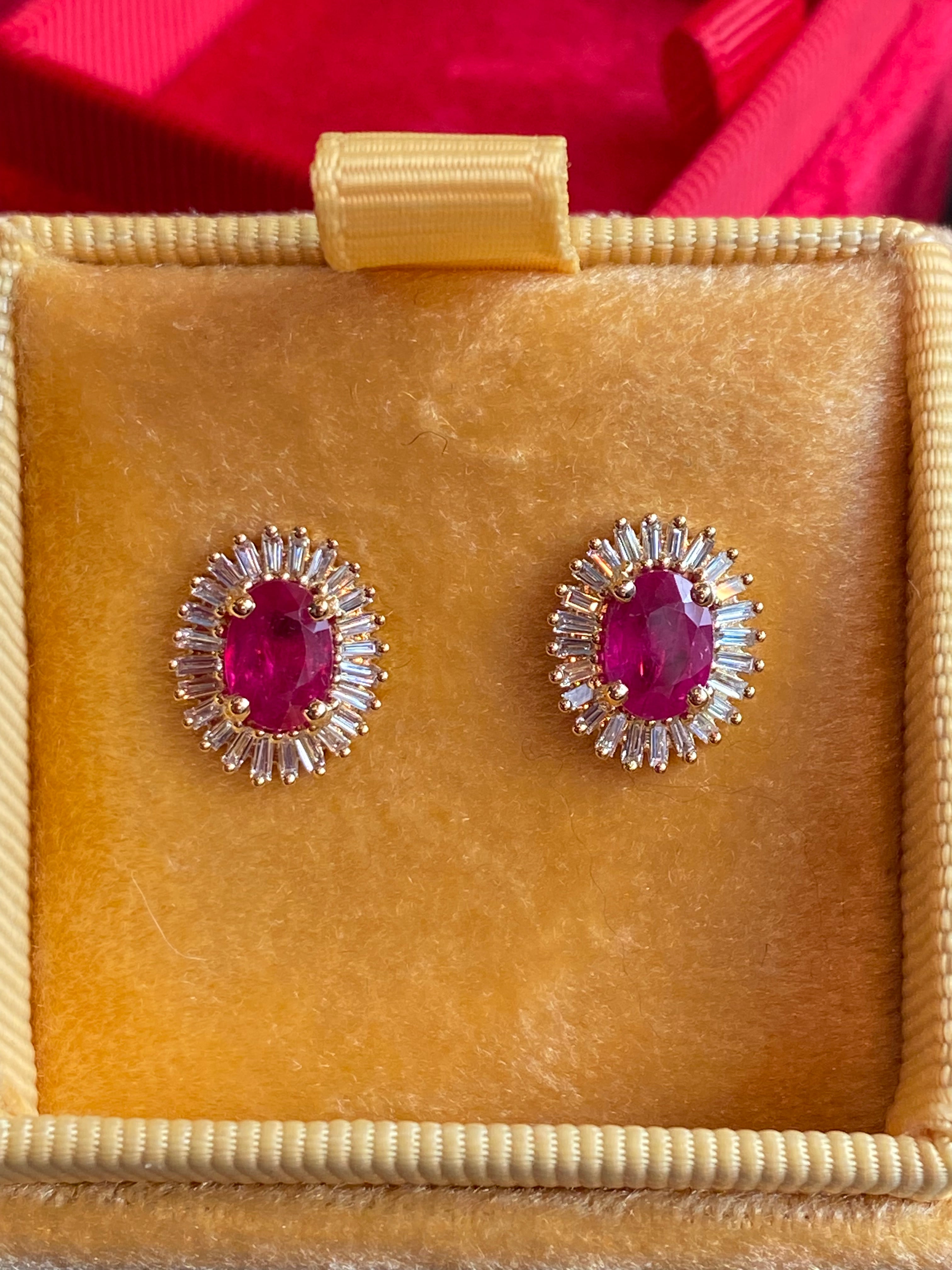 2.22 CTW Ruby and Natural Diamond Halo Stud Ballerina Earrings in 18ct Yellow Gold