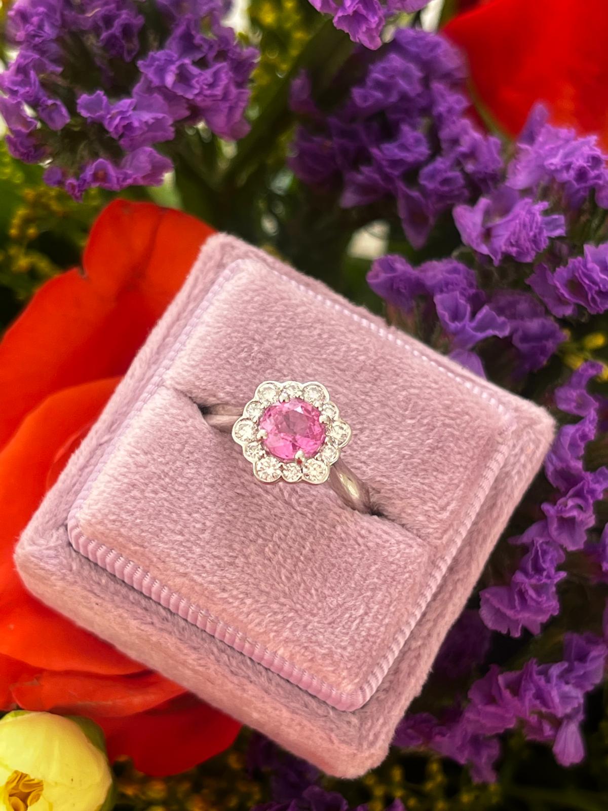 1.26 CTW Round Cut Pink Sapphire and Natural Diamond Halo Engagement Ring in Platinum