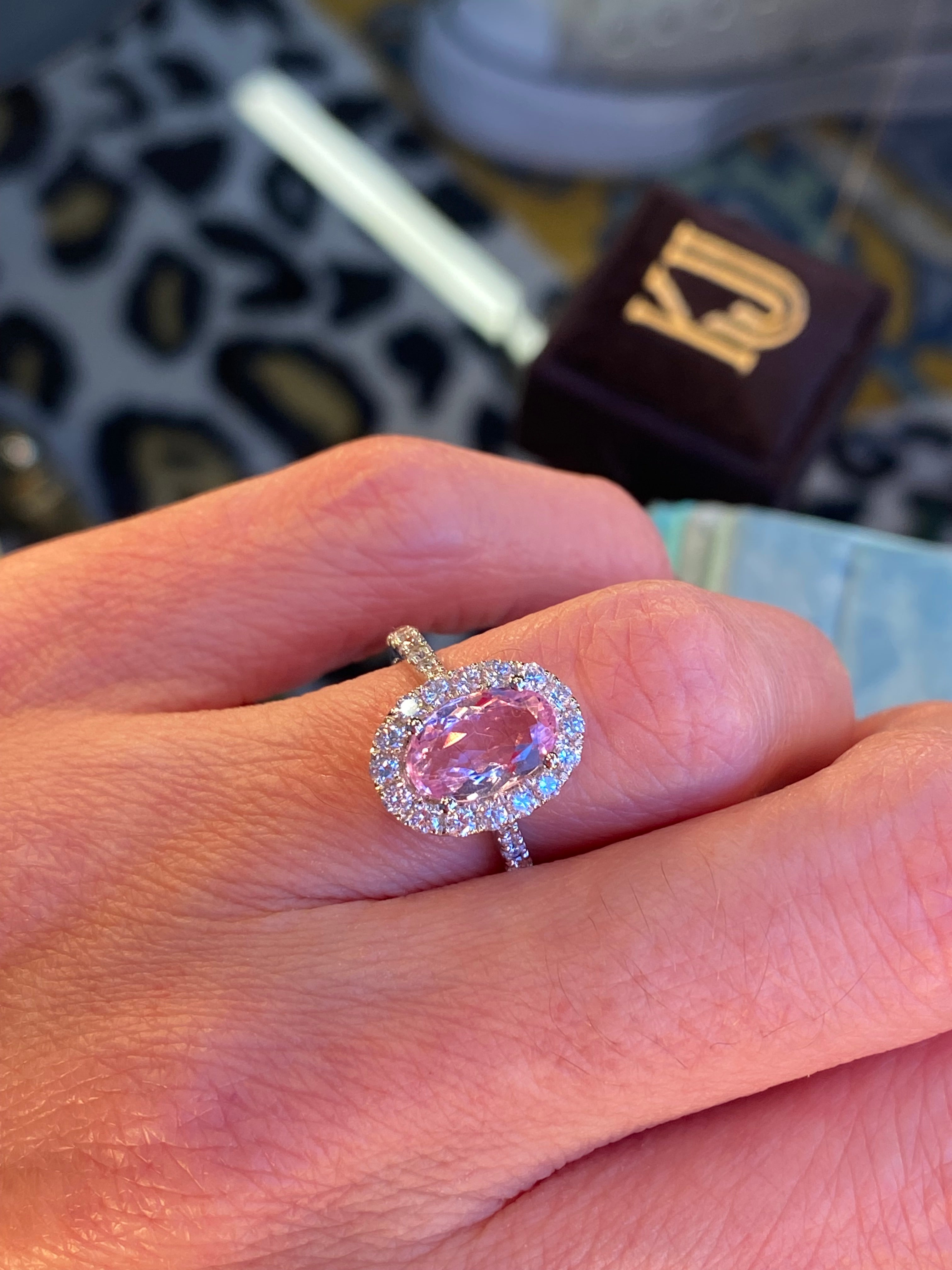 1.94 CTW Oval Cut Pink Topaz and Natural Diamond Halo Ring in Platinum